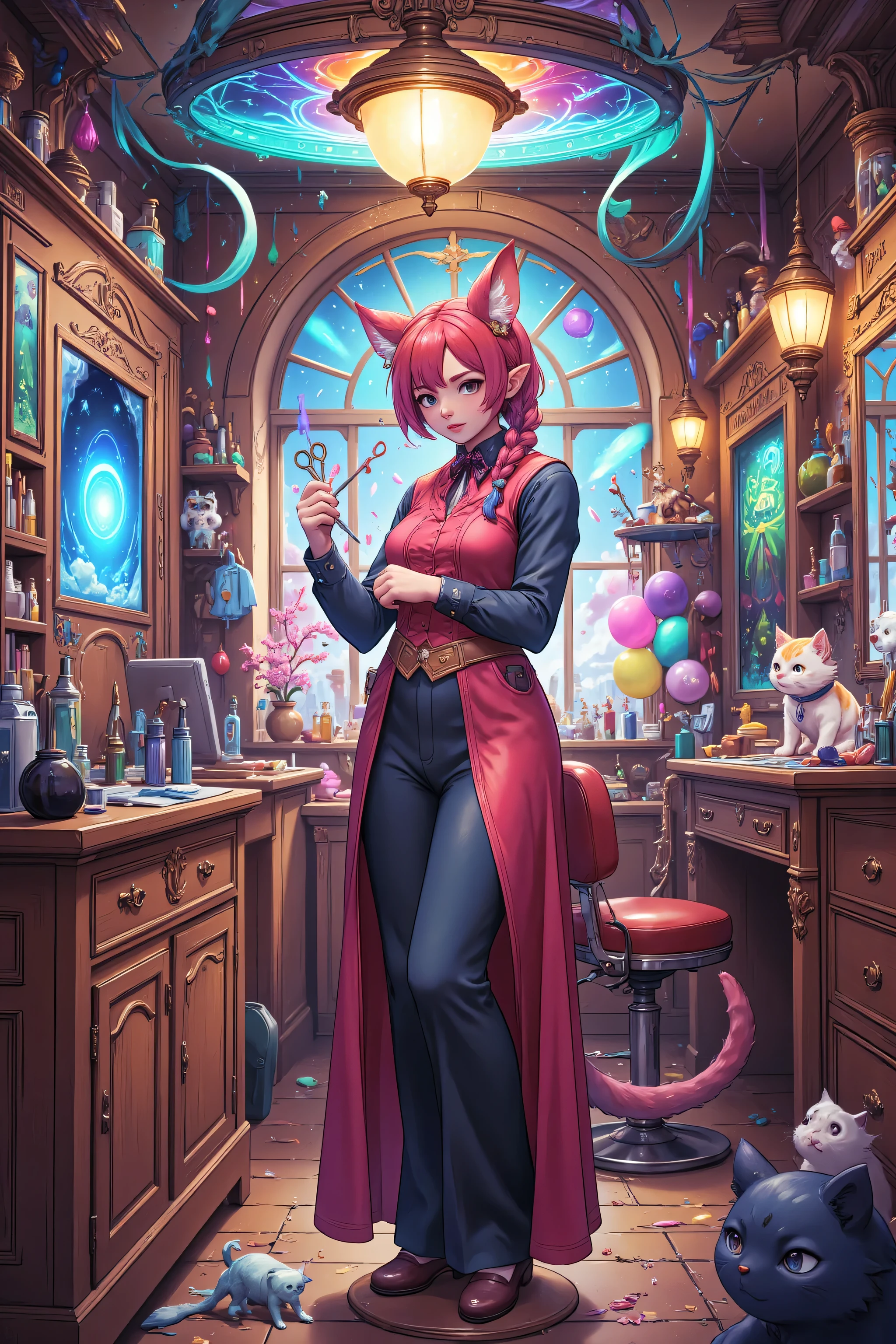aidmanijiv6,zavy-ctcmcs,w1n,hyp3rd3tail style,midjourney , SFW a picture of a  female anthromorph hair dresser in a barber shop holding scissors, (intense details, Masterpiece, best quality) , colorful clothes, dynamic clothing, an ultra wide shot, full body (intense details, Masterpiece, best quality), dynamic fur color, rich hair, braided hair, small pointed ears, a, fantasy barber shop, stray cats, (intense details, Masterpiece, best quality), high details, best quality, 8k, [ultra detailed], masterpiece, best quality, (extremely detailed), dynamic angle, ultra wide shot, photorealistic, RAW, fantasy art, dnd art,fantasy art, realistic art, Celestial Fantasy, zavy-ctcmcs, w1n, hyp3rd3tail style