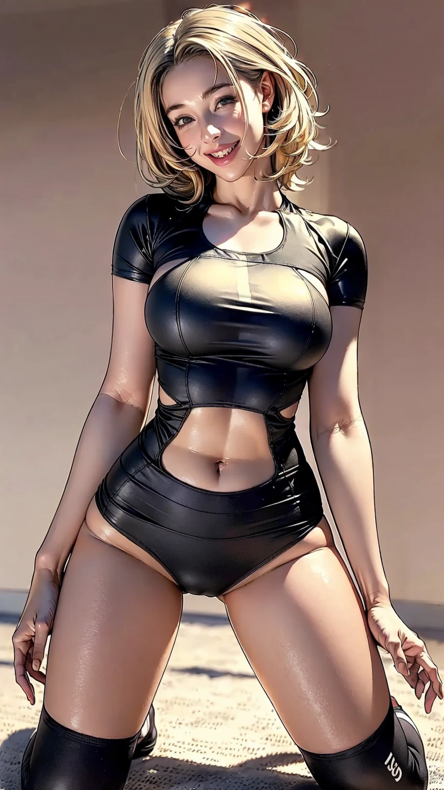 Woman body defined thick thighs cybernetic body parts, short underwear