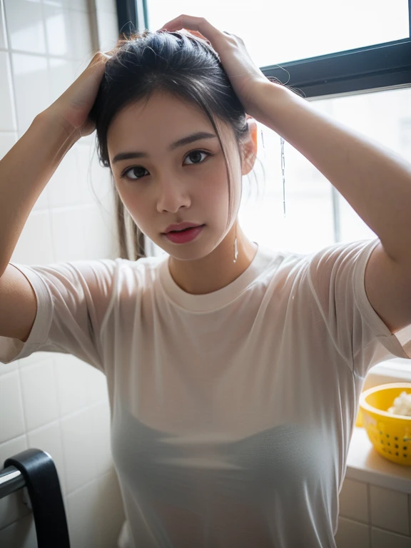 ((Taking a shower))、((Whole Body Ezbian))、((Cowboy Shot))、((whiteＴWear a shirt、))、first class、The real picture、Intricate details、Ultra-high resolution、Depth Field、masterpiece、Professional Lighting、 ((15-year-old girl)),Very cute face, Great face and eyes,No makeup、 (Highly detailed eyes, Highly detailed face),