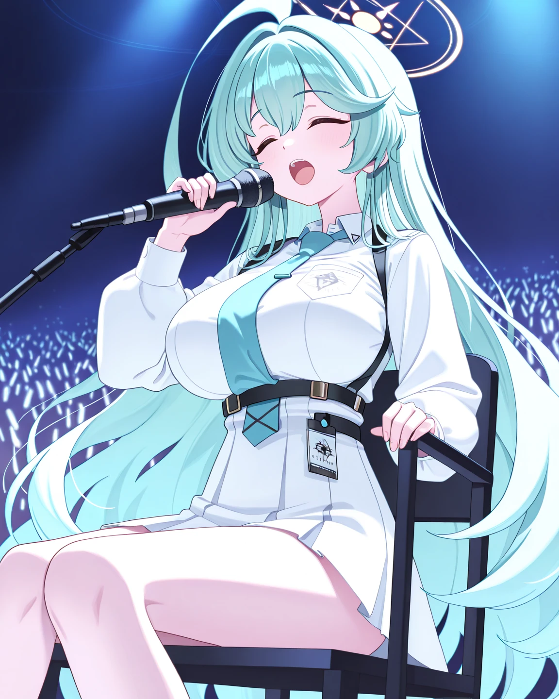 Ques, green hair, blue hair, shorttwintails, blue eyes, 13years old, (large breasts:1.3) , Live Stage, solo nipple