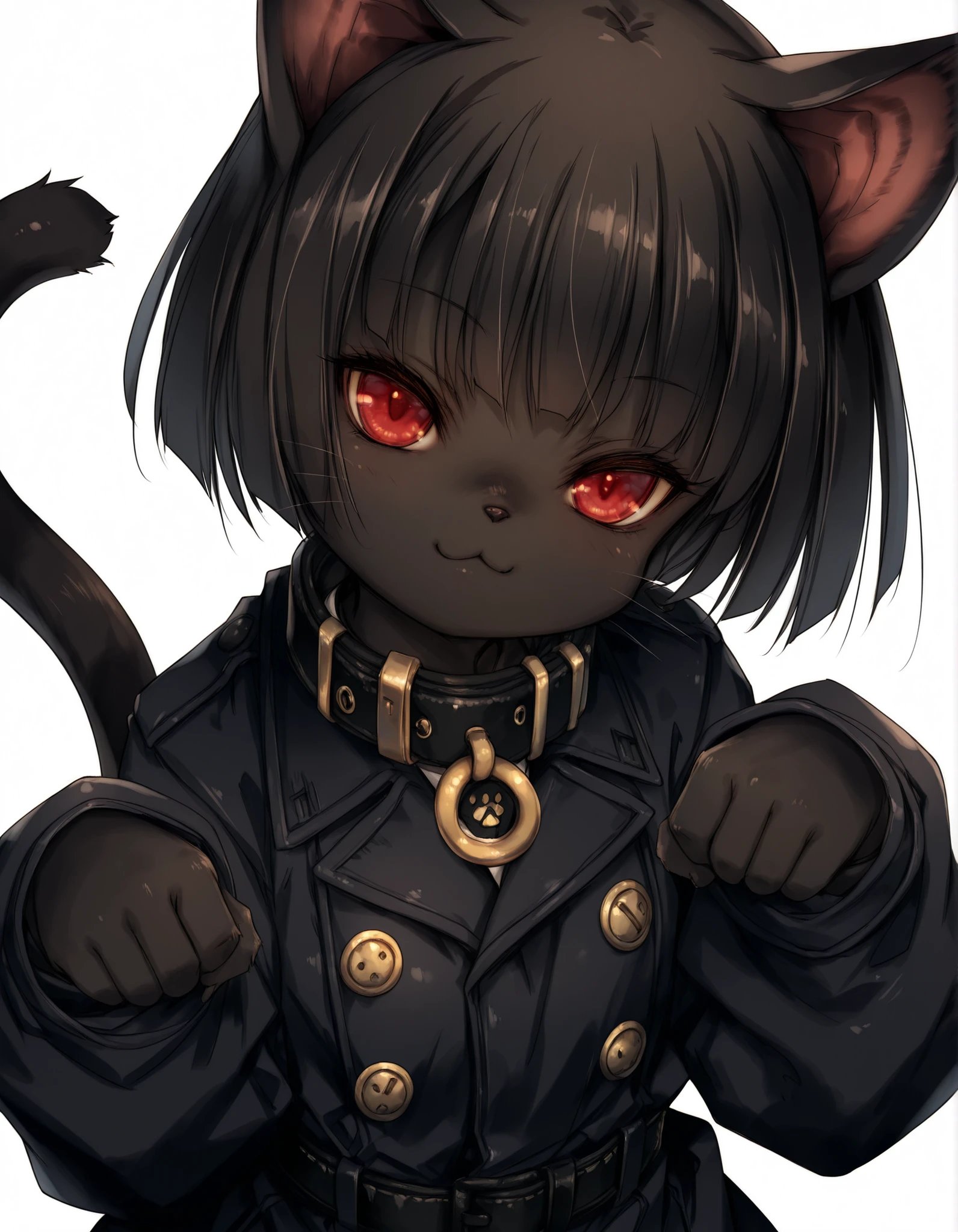 Hitomaru,, masterpiece, best quality, very aesthetic, 1girl, solo, white background, looking at viewer, portrait, paw pose, :3, furry female, cat girl, animal ears, black hair, short hair, black skin, red eyes, cat tail, black jacket, buttons, long sleeves, black belt, collar, masterpiece, best quality,