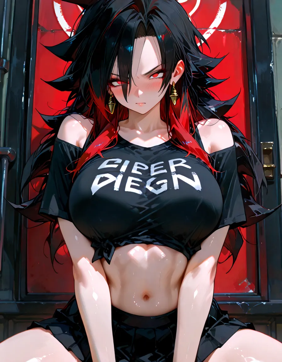 (masterpiece, Highest quality), Intricate details, 8K, Wolf Girl, whole body, (1 person), Red eyes, Big Breasts, Slim figure, furry, Long Hair, anime, expensive, Black Hair, Black T-shirt, Black shorts, Town, 10th Generation, The wind is blowing, Hair is flowing, Expressionless, Upper Body, noon, stomach