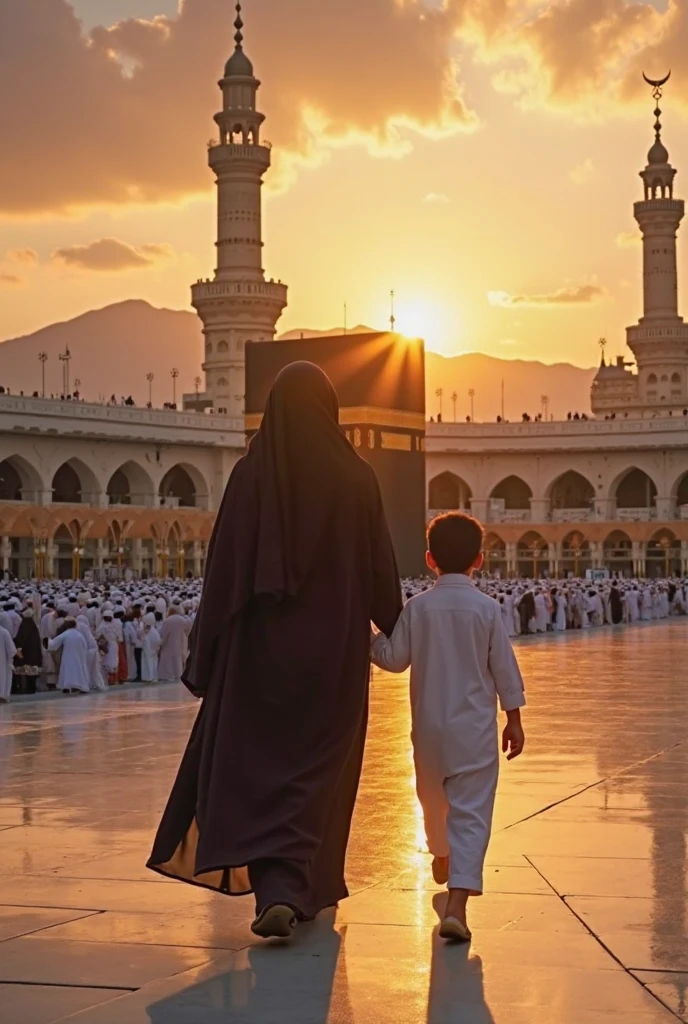 A religious Islamic scholar, accompanied by his veiled one wife, two daughters, and youngest son, performed the pilgrimage to the Kaaba. One sun