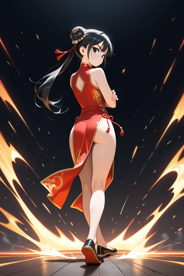 90s Cartoons, 1girl, black magic, creating a large fireball, action shot, from the side, flames, magic circle, brown hair, single braid, tight qipao, slim waist, battlefield, (masterpiece, best quality, Professional, perfect composition, very aesthetic, absurdres, ultra-detailed, intricate details:1.3)