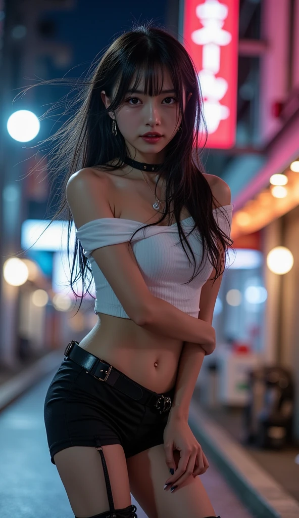 (raw photo), (realist), (photorealistic), ultra high resolution, masterpiece, of the highest quality, perfect lighting, detailed lighting, dramatic shadow, ray tracing, 1 beautiful Japanese girl, voluptuous, neckline, symmetrical eyes, beautiful detailed eyes, plump lips, Red lips, Super high resolution perfect beautiful teeth, big , big ass, big thick thighs, long straight hair, black fur, earrings, half open mouth, smiling, looking at the viewer, ((wearing a white blouse)), ((mini skirt)), ((black lace panties)), ((Cyberpunk City)), ((evening)), ((Neon lights)), standing posture,
