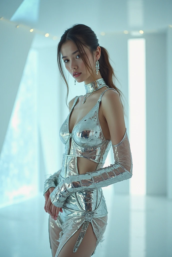 "Skeleton Knight reinterpreted as the ultimate Japanese beauty, While retaining important skeletal features. She is slender, Smooth and graceful, Pale skin that subtly highlights the bone structure, Adds a mysterious and enchanting charm. Her big, Almond-shaped eyes have a soft glow, Mysterious Light, Reflects both purity and ancient wisdom, Surrounded by a long frame, Silky black hair flows down her back、There are faint bone-like veins.。.

She is elegant, Her pale skin and beautiful silver mesh swimsuit, Decorated with delicate patterns reminiscent of bones and traditional Japanese motifs, While still maintaining a connection to her undead origins.、Tailored to accentuate her natural beauty。, Exquisite details create an atmosphere of both elegance and strength..

Her expression is calm and serene, With a gentle smile that exudes confidence and grace. Despite her skeletal features, She exudes an aura of timeless beauty and strength., Embodying the perfect blend of fearsome strength and delicate femininity.

The background is a tranquil, A moonlit beach with gentle waves lapping gently on the shore, The sky is colored in the soft hues of dusk. This tranquil setting enhances her otherworldly presence., The ultimate fusion of the iconic features of the skeleton knight and the elegance of a beautiful Japanese girl.."