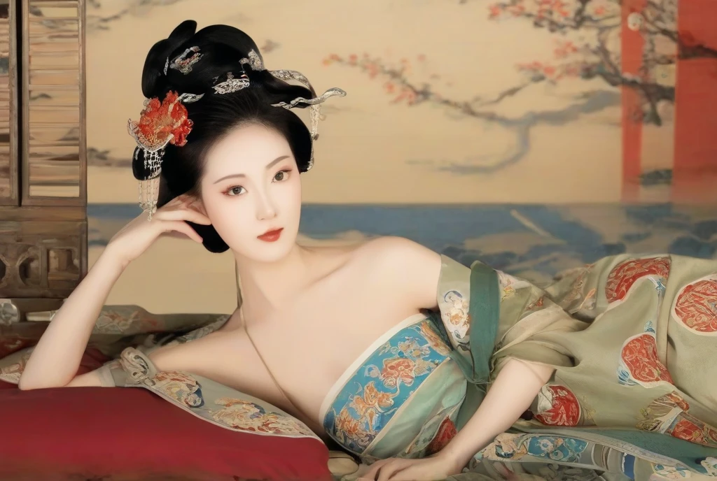 A Chinese empress seen from the side, lying on her side in a relaxed pose with her buttocks exposed and legs stretched out. The background is a room in a Chinese palace during the Qing dynasty. She is sleeping in red Hanfu with only her large buttocks sticking out. She is either wearing underwear or not, and her protruding buttocks are floating up. Her hair is decorated with a large, flashy flower. The back of the hair is tied up and up. Erotic Woman