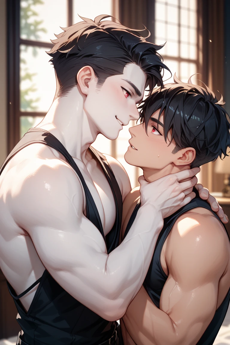 Male 30 years old、boy 18 years old, a couple, Layering your own body. the boy is lying on his back, Hold by Macho Man, Muscular man&#39;s penis is inserted. White cream is spilling from the crack of the butt, Right and left eyes in ecstasy. Very short black hair, blush, Vulgarity, Looking back, Tears, Heavy breathing, Back Style, ((Focus on the boy's face)), Very sweaty, Wet skin, poured excess sperm into my body, nakeness, ((masutepiece, Best Quality)), Realistic, Gekko Ruins,