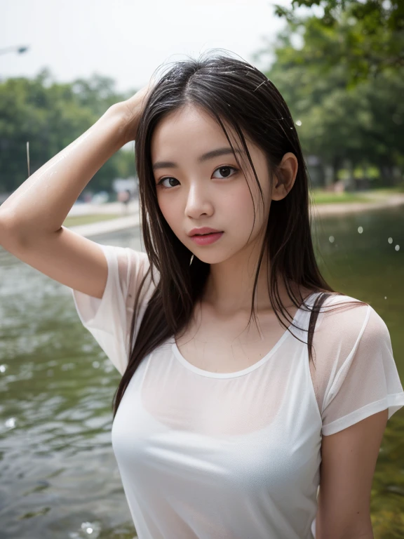 frontal photo Looking straight into the camera,8k quality,, Close up of 25 year old Asian woman, very beautiful, 38 inch breasts.,) Long, flowing hair,) Soaked in sweat, wearing a sheer T-shirt, no bra.,) Outside a coffee shop in the countryside, Taken with a high quality camera 45,000,000 pixels, realistic light colors,