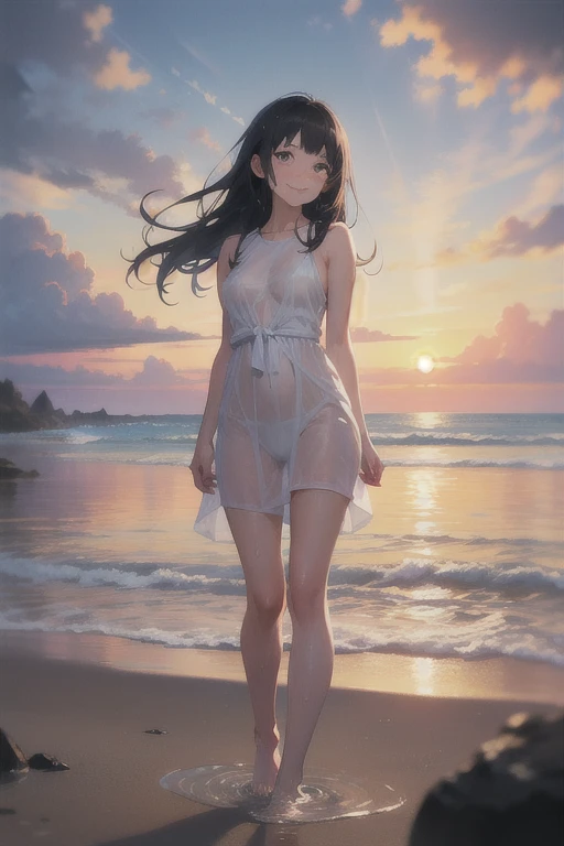 ((A plump and squishy lady:1.3)),((surprise!!:1.3)),(((Women's Lace Panties,((open crotch pantie)),transparent,Erotic lingerie,Big size,Open crotch underwear))),Highest quality、High resolution、Detailed Background、(Beautiful face in every detail:1.4)、A serene seaside scene at sunset, with a young, beautiful girl resting on a sturdy, weathered seawall. She has long, flowing black hair that gently sways in the sea breeze, and she wears a light summer dress in shades of white and pastel blue. Her expression is peaceful as she gazes out at the calm ocean, with the golden hues of the setting sun reflecting off the water. Her feet dangle over the edge of the seawall, barely touching the gentle waves below. In the background, the vast ocean stretches to the horizon, with a few distant seagulls flying above.