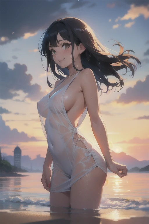 (Masterpiece, highest quality, in 8K, 32K, masterpiece, hehehe, super A high resolution, impressionist, photorealistic: 1.2), (A bright smile), ((completely naked)),((full nude)),(smooth skin),(cowboy shot, detailed face and eyes, (slightly droopy eyes), (very young face),beautiful face, blur background, glowing skin,((closed mouth)),((slightly large breasts)),(erect nipples),((clear pussy line)) ,realistic student, beautiful face, blurred background, 18 year old beautiful girl, glowing skin, white scrunchie, side ponytail, black and beautiful hair, thighs thighs thighs, curves, sexy pose, ((dark brown eyes)), I'm in a hurry, very blushing, sweating, Seductive thighs, Soft body, big butt, 20 years old beautiful woman, blushing, black hair with a slight hint of brown, side ponytail, white scrunchie, dark brown eyes, skin wet wit,happily running on the sea,sunset,Horizon,