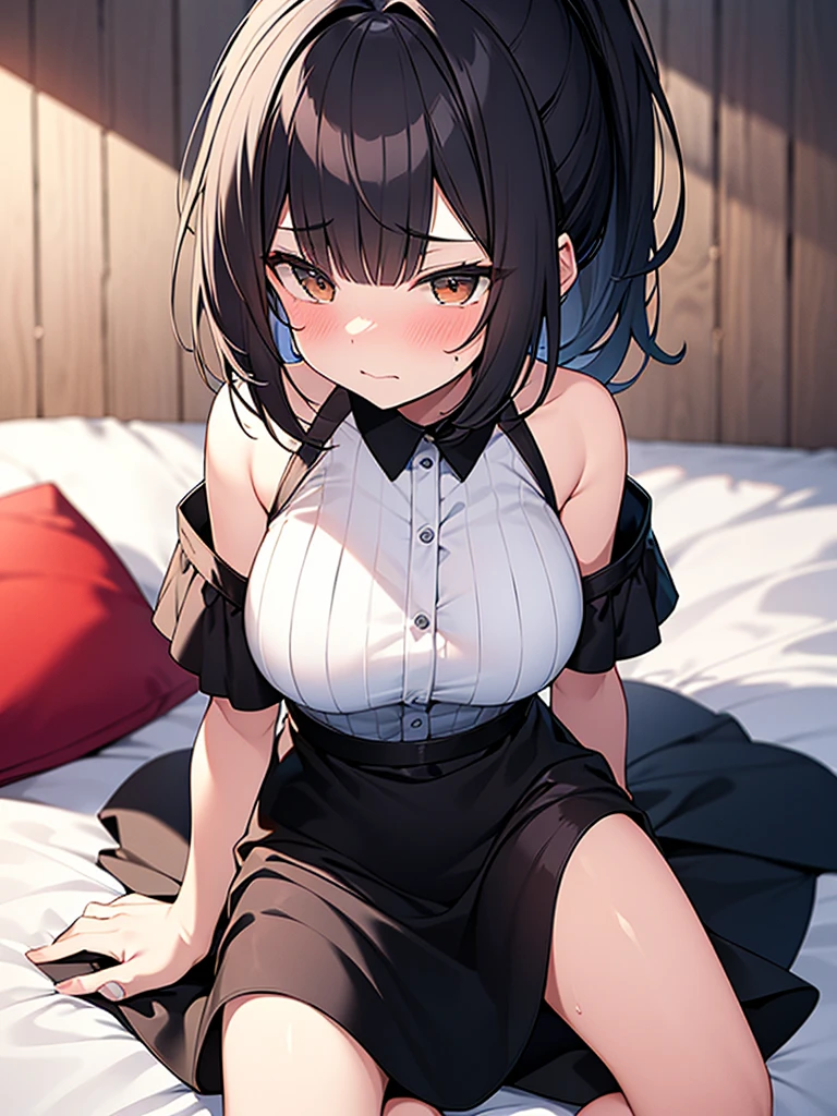 (NSFW:1.2),(masterpiece:1.2), (Highest quality),(Open your mouth)、front、 whole body, Beautiful Skin, Super fine, Highest resolution、(Sunburn:1.2)、(Black Hair:1.4)、(Short Hair:1.2)、blue eyes、(indoor)、(Squat:1.2)、Patsun Hair、(blush:1.1),(Realistic), 1 girl, Laugh with your mouth open、A scornful smile、(Navy Blue Skirt:1.1)、(Hair Clip:1.1)、(Two Side Up:1.2)、choker、(Black knee socks),(Cleavage:1.1)、Budding breasts、Rocket 、Firm breasts、Heart symbol、Lolita、Brat、(Lolita:1.3)、Baby Face、Young face、(White panties:1.2)、Zaako、Brat系、、(View from below:1.1)、Spread your leg-shaped legs、topless、Beautiful nipples、Delicious nipples、Shiny nipples、(Loli Big Tits:1.3)、(topless:1.3)