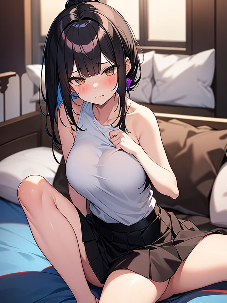 Dark blue competitive swimsuit:1.9 Open chest Lying on bed Lying on back Embarrassed Arms above head Anime drawing with bright colors Standing Tall woman:1.9 Sweat, breasts, surprised face, glaring, wrinkled brows, flushed cheeks, night:1.3 Apartment bedroom, white sheets, short black hair, ponytail:1.9 Straight hair, bangs swept to the side:1.9. Slanted eyes, brown eyes, tall, big breasts, strong-willed, beautiful