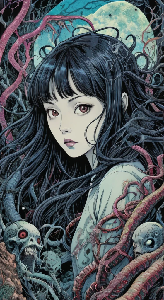 Horror-themed Lovecraftian horror Junji Ito, raw digital photo, Movie Washi, "Frost (80s Style:0.65) (Written by hand, anime:1.2) (girl:0.8) , Analog VHS Distortion, Intricately detailed line drawings, Vibrant colors", Hisui Sugiura, A detailed and vivid film adaptation of Junji Ito's work. The artist's distinctive style is apparent throughout, from the detailed linework and Vibrant colors to the subtle analogue VHS distortion. The image captures a girl in her natural habitat, Surrounded by intricate details that bring the scene to life. The overall effect is a stunning expression of Ito's unique vision.。. Assistant Hisami Sugiura、You did a fantastic job capturing the essence of this iconic artist's work.。. This image is truly a masterpiece. . Eldritch, Space horror, unknown, mysterious, Surreal, Very detailed . Creepy, Anxious, dark, Creepyな, Suspenseful, strict, Very detailed