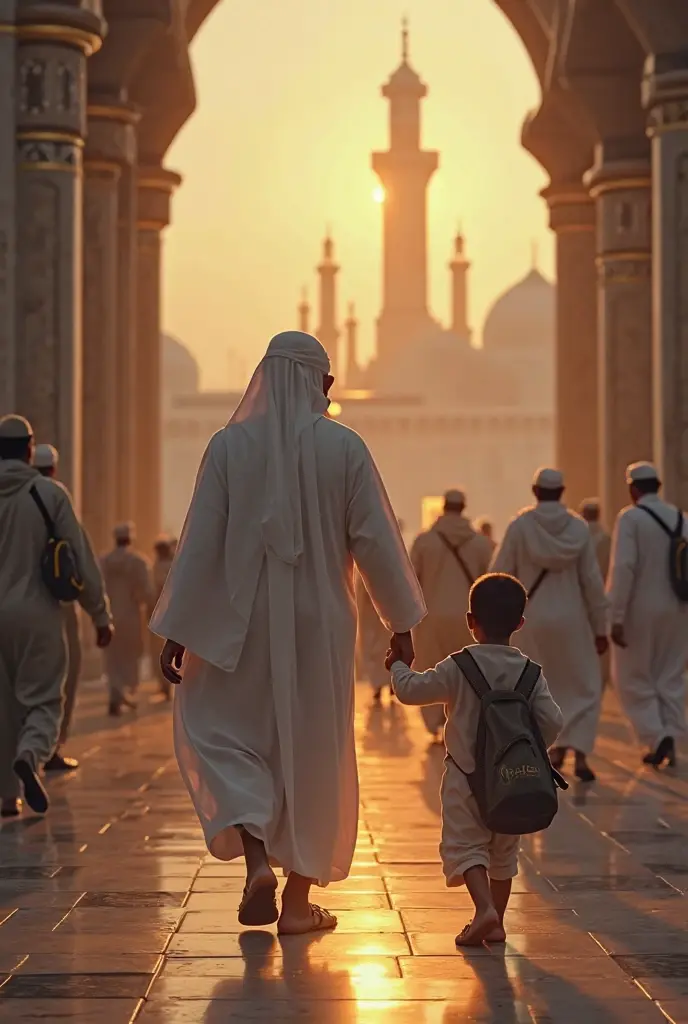3D wallpaper of a handsome young Arab wearing a turban on his head, seen carrying his old mother behind him and wearing a headscarf in the desert of the holy land of Mecca and looking at the Kaaba