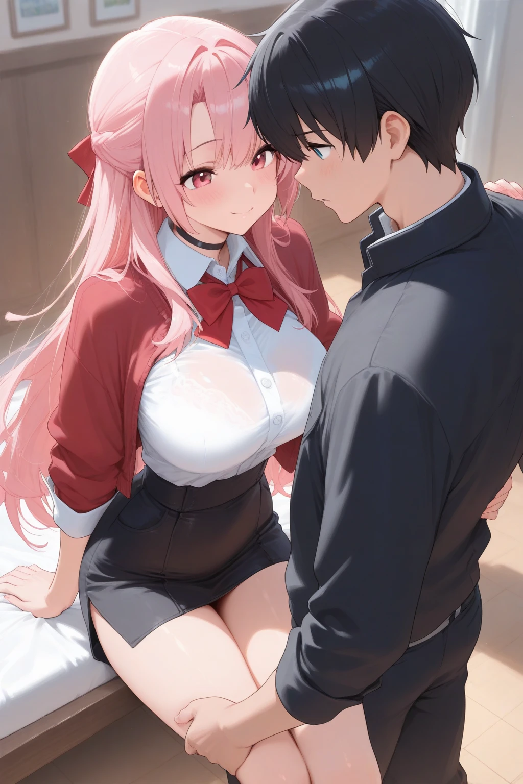 masterpiece (((1 man))) 1 girl (((men and women))) Pink hair Long hair Green eyes Huge breasts (big nipples) NSFW (orgasm) (heart eyes) ((A man fondles a woman's breasts from behind)) ((Grabbing breasts)) uniform blazer ((red lace bra)) (deep kiss)