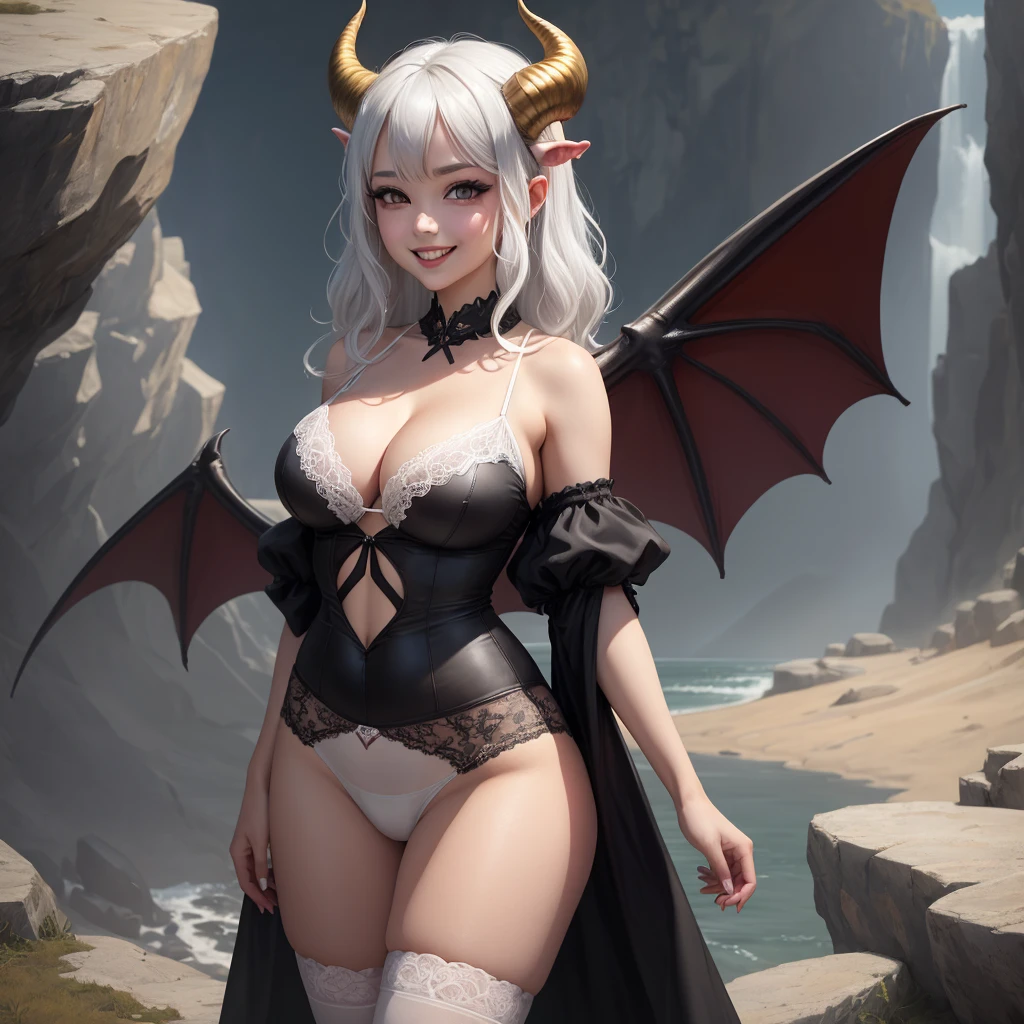 luna the succubus from monster girl prison, ((masterpiece,best quality)), absurdres, 19 year old succubus, solo, smiling, looking at viewer, cowboy shot, cinematic composition, dynamic pose