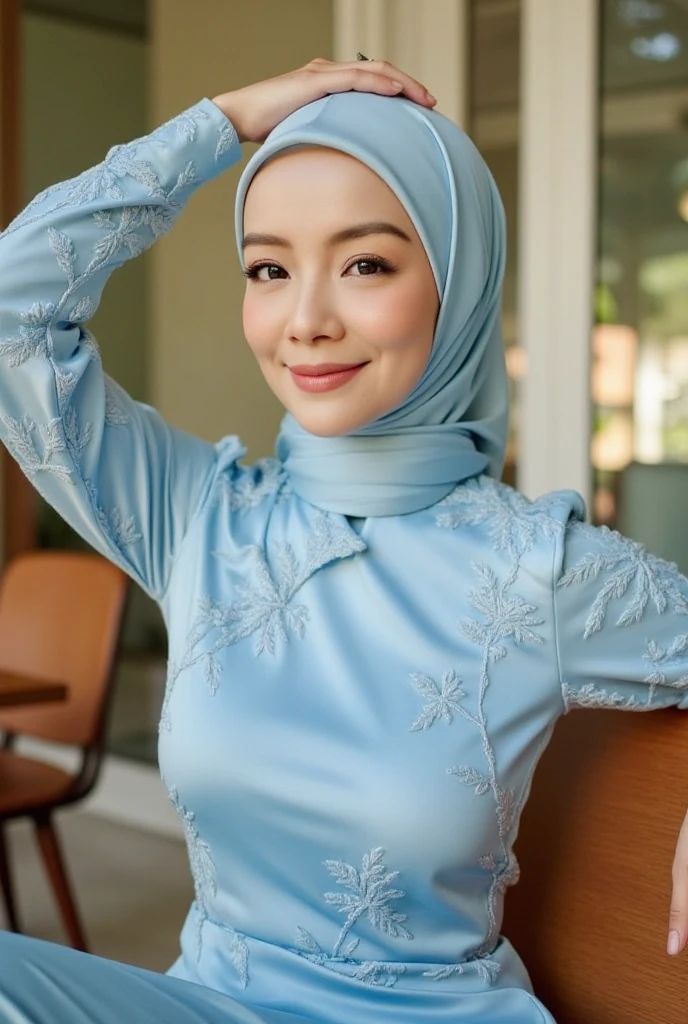 RAW, Best quality, high resolution, masterpiece: 1.3), beautiful Malay woman in hijab,Masterpiece, perfect  fit body, (()), errcted ,  biggorgeous eyes, Soft smile,muslim woman in a plain long sleeve shirt and hijab posing for a picture, hijab, with lovely look, with beautiful colors, with accurate face, pose 4 of 1 6, traditional beauty, batik, wearing beautiful clothes, beutifull, with beautiful exotic, attractive pose, cute pose, scarf, wearing plain chiton, very attractive , she is smiling,Delicate turtleneck, necklace, shairband, afternoon walk, City garden, Excellent lighting, Bright colors, Clean lines