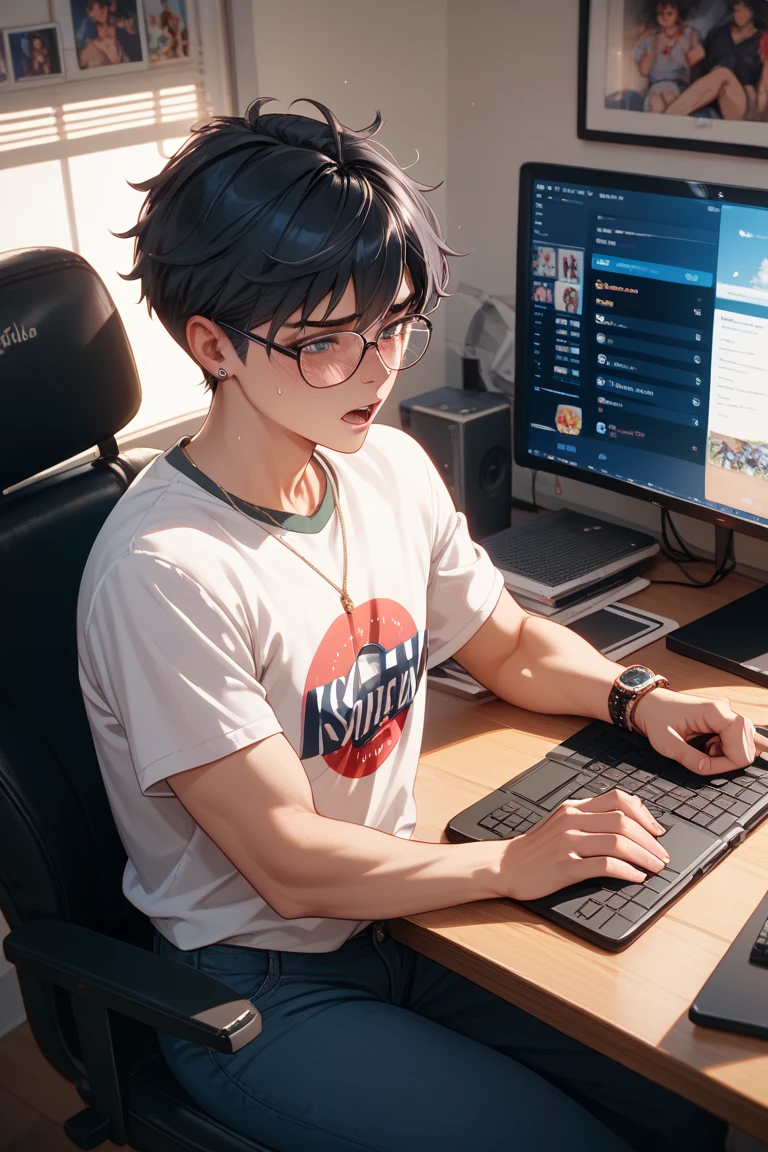 A distant side photo of a curly-haired teenage boy with a cell phone in his hand, looking at his cell phone and sitting in a gaming chair looking at his phone and computer at a table in front of him, with a coat, a gaming chair, the chair needs to be bigger than his leg. With the teenager facing forward and the image the photo on the side