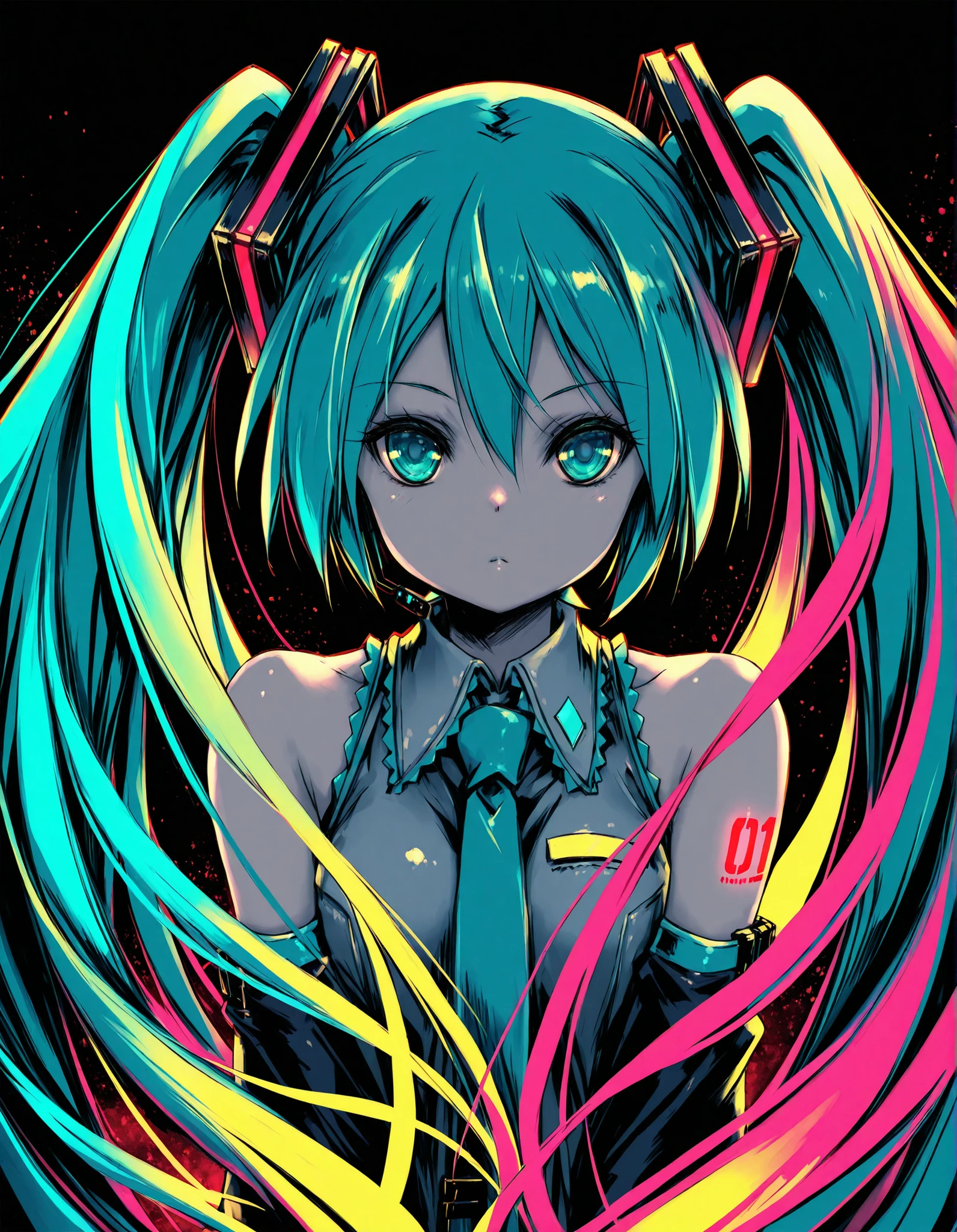 Hitomaru,, Hatsune Miku,limited palette,black background,colorful,vibrant,glowing outline,neon,blacklight,looking at viewer, masterpiece, very aesthetic,