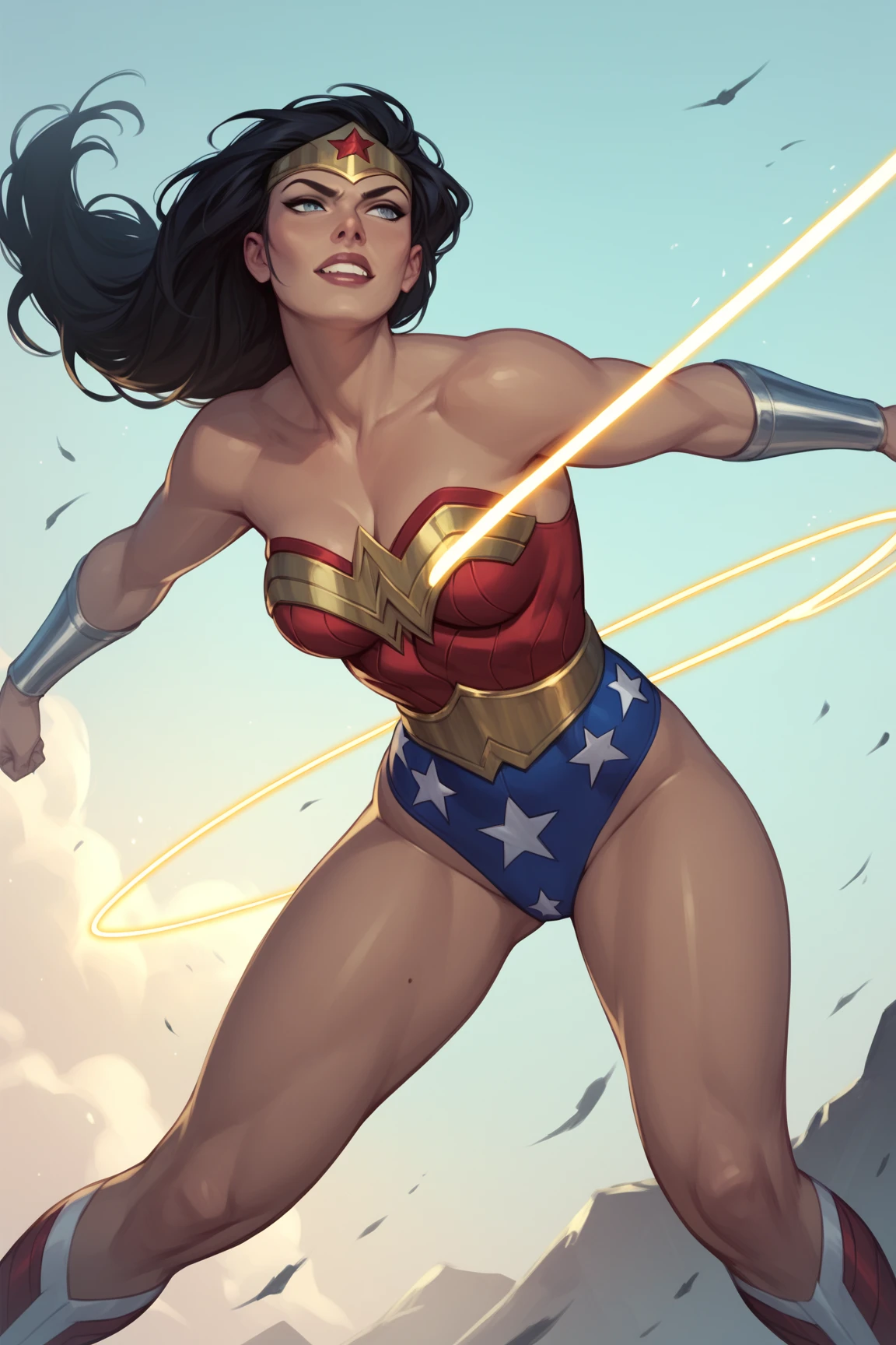 (anime) . (((Female))) ((woman (Wonderwoman))), (((blue eyes + black hair))), in the space,  portrait, full body . (Masterpiece: 1.8), (64k quality), (final fantasy artwork concept), detailed (manga eyes + hair + clothes + body + face + colors + shoulders + eyes (globular + transparent + liquid) + (sharper drawings) + (shiny jewelry) + (clothes folds) + (rounded eyes) + (consistent clothes) + (clothing features) + (eyes line), better (colorful + (coarser line) + (black line) + finishing . [Drawing] (Anime (Manga (Comics))) + (Coarse Line: 1.8) + (Black Line: 1.8) + (Color: 1.8) + (Clean: 1.8) + (Contrast: 1.8) + (Black Outline: 1.8) + (adjusted colors: 1.8) + (shadow set: 1.8) + (manga eyes: 1.8) + ((muscle: 1.8)) + ((bodybuilder: 1.8)), ((made homogeneous: 1.3))