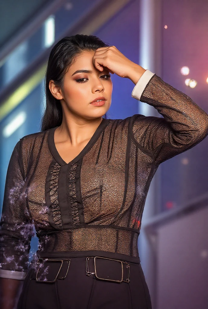 A thick woman with dark hair in a black blouse against a purple wall, lots of purple smoke with lighting, the wall is illuminated with neon letters that spell KUPRIANOVA, glitter.