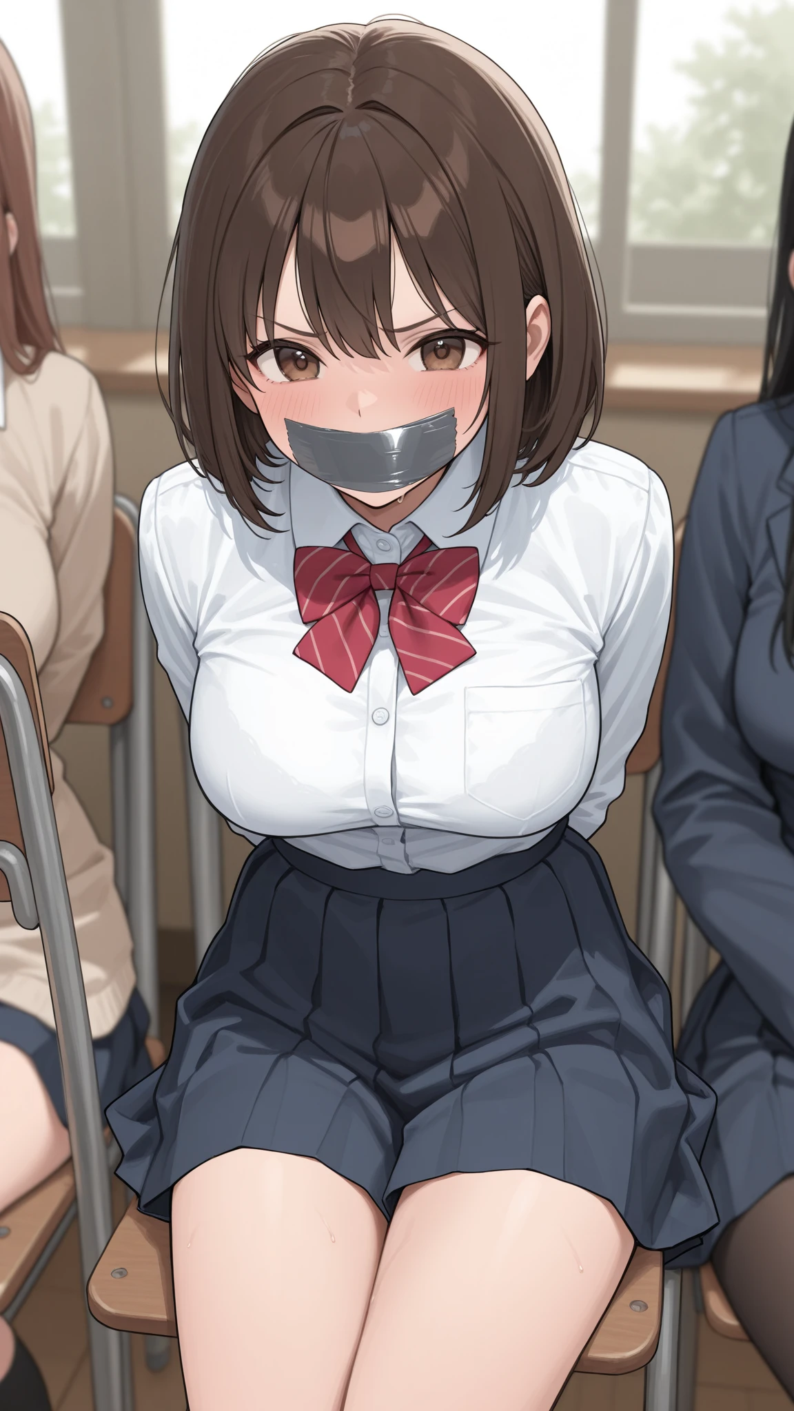 masutepiece, Best Quality, (Very detailed CG Unity 8K wallpaper) (Best Quality), (Best Illustration), (Best Shadows), Miku Nakano, Brown hair, Blue eyes, classroom, Beautiful detailed eyes, looking at viewer,(Blue Cardigan),happy,embarrassed,,bound with an excessive amount of ropes), (bound wirsts), (arms behind back), (tapegag, tape gag), dramatic, (looking at viewer), (detailed pupils:1.3) masterpiece, (best quality), perfect eyes, bound, bondage, (arms behind back:1.4), bdsm, tape gag, rope, rope bondage, close-up, restrained,curled up, best anatomy, full body, sitting on the chair,high-waist skirt, long skirt, green skirt, pencil skirt
