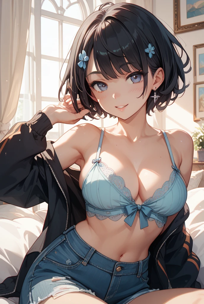 (masterpiece), (highest quality), (Super detailed), (beautiful illustrations), (pretty girl), 1 girl, black hair, short hair, bangs, hair between eyes, beautiful hair, かき上げたbangs, yellow eyes, shining eyes, 16 years old, white lace bra, navy pleated skirt, inside the room, (whole body),