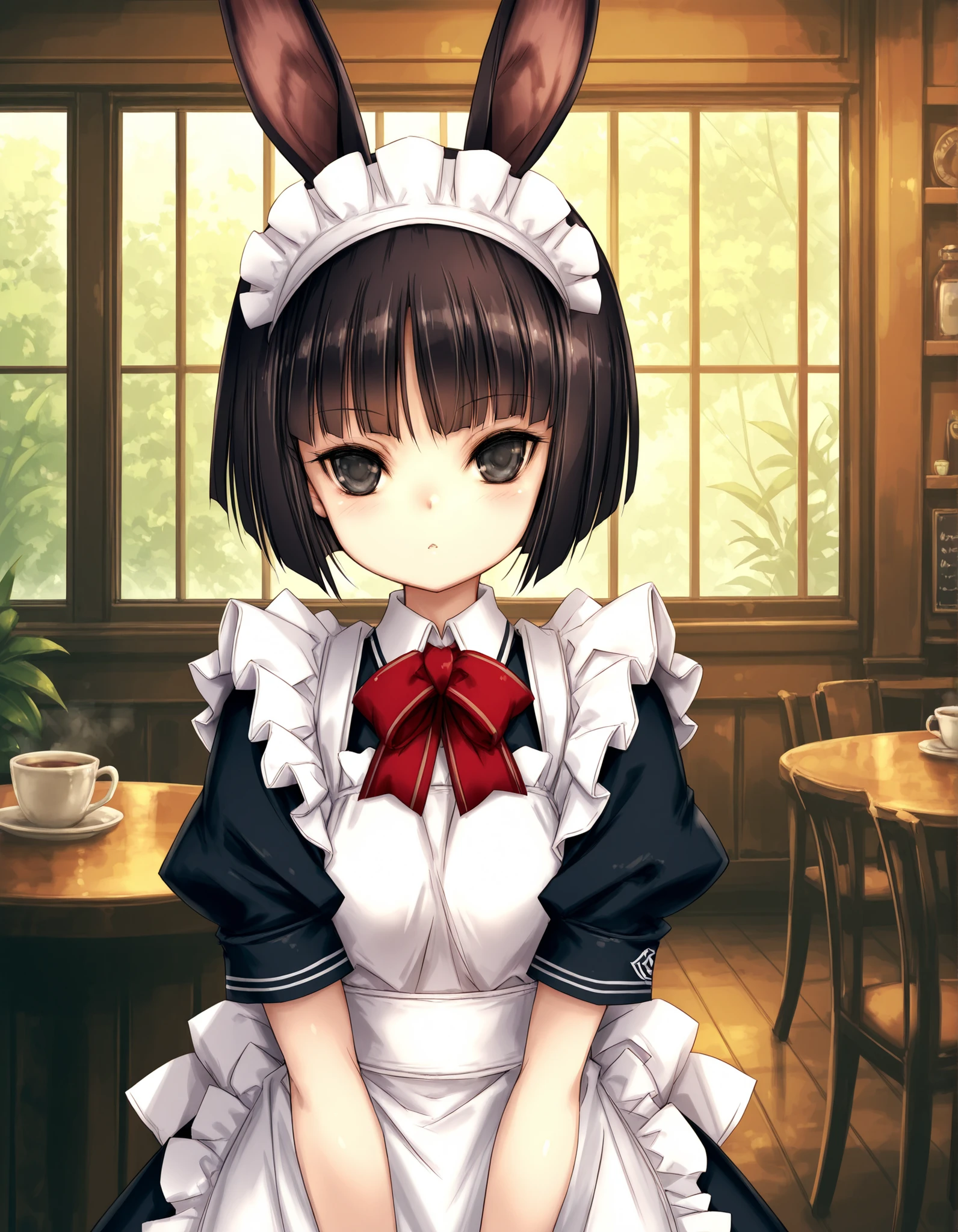 Hitomaru,, solo, Maya Hell,black eyes,dark hair,bob cut,Maid Outfit、White Apron、White Headdress、 with rabbit ears、cafe,
