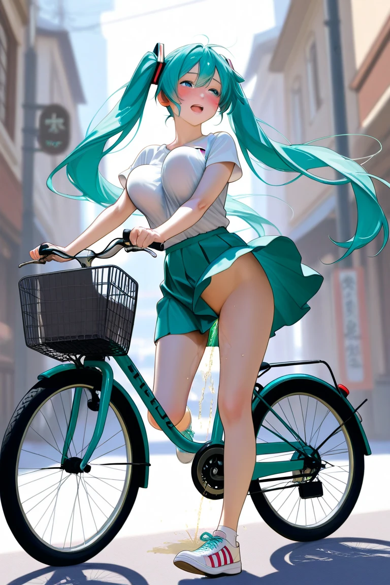 tsukishiroyoko, Green hair, long hair, Blue eyes.,, large breasts,  solo ,16years old, naked, nsfw. Riding a bike, Expressway