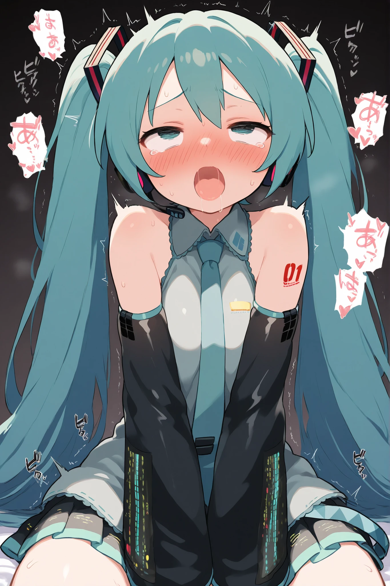 Hatsune Miku,pony tail hair,cyan hair,moody atmosphere,Ahegao,laying down,embarrassed,showing pussy,showing all tongue fully,sigh from mouth,showing ,bunny girl cosplay,hiding face with arm,cum in pussy,nude
