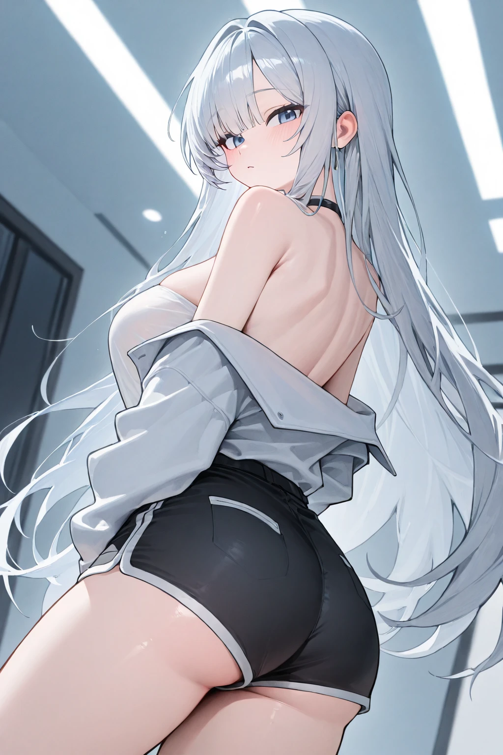 prinz eugen \(azur lane\), long hair, breasts, several girls, skirt, big breasts, thighs, bow, ribbon, twintails, very long hair, school uniform, hair ribbon, ass, white hair, hair bow, nude, multicolored hair, ground focus, from behind, mosaic, two sides up, black bow, anus, back, hair antenna, ass grip, presentation, deep skin, public indecency, exhibitionism, train interior, grabbing one's own ass, backboob, open ass