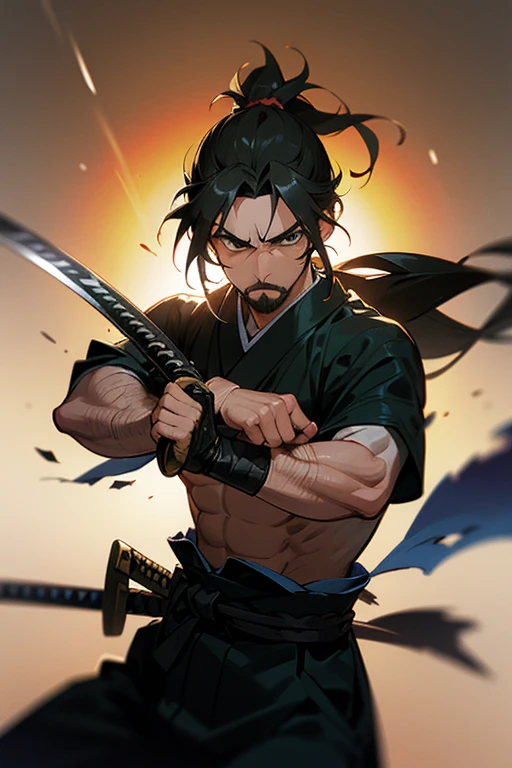 best quality (katana: 1.4), serious,(at night: 1.4), a single 16-year-old has long black hair that is loose to the winds, and poured down his body, smooth and shiny, which fall gently to his back. Her hair is thick and has a healthy appearance, contrasting with her fair skin. The young man's eyes are deep and emerald green, intense as two light pearls. They reflect calm and an inquisitive curiosity. With his upright posture, the young man shows a confident bearing and a cheerful and hyperactive aura. He wears a white kimono with blue-green details with patterned gray clouds, with a large yellow ribbon at his waist, sleeveless, made of a quality fabric. giving him the look of a swordsman. He has an animal, a monkey on his shoulder. At his waist, he carries a white katana with gray details on the blade. The long, sharp blade is made of polished steel, reflecting light. The katana grip is wrapped in black leather, offering a firm and secure grip. The scabbard of the sword adorned with demonic symbols. Kimetsu no Yaiba style, alone, 1boy, muscular man, demon slayer style, loose hair, quiet look, smiling, tall, confident, only 1, spilled hair, loose and big hair