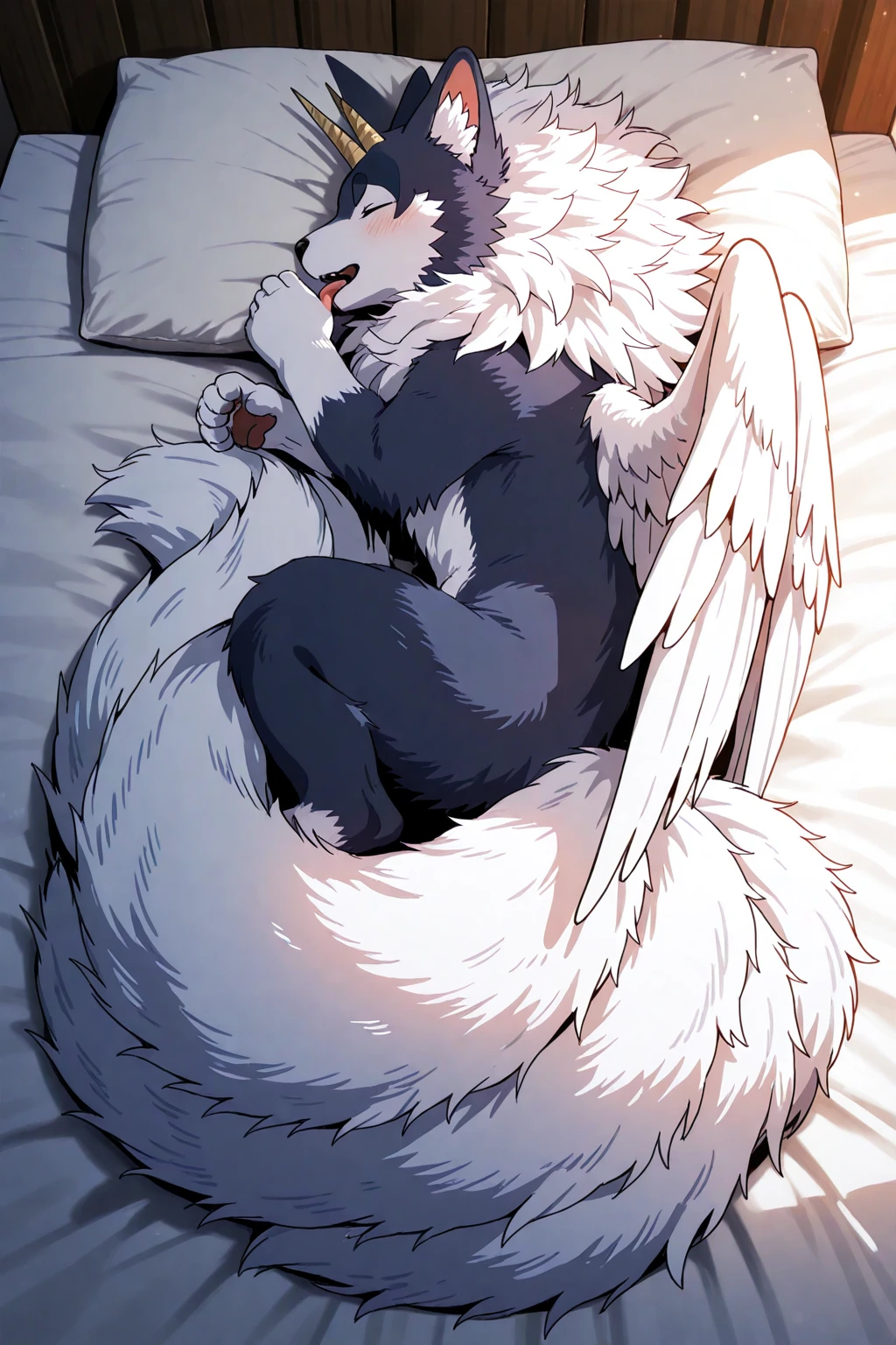 furry art, feral, furred dragon, female, white and blue fur, wings, big ears, four ears, multiple ears, horns, tail, chest fluff, paws, fangs, embarrassed, happy, blind, quadruped, sleeping, wearing pajama shirt, blue pajama shirt, wearing panties, pink panties, tight panties, wet panties, dripping wet panties, in bed, legs spread