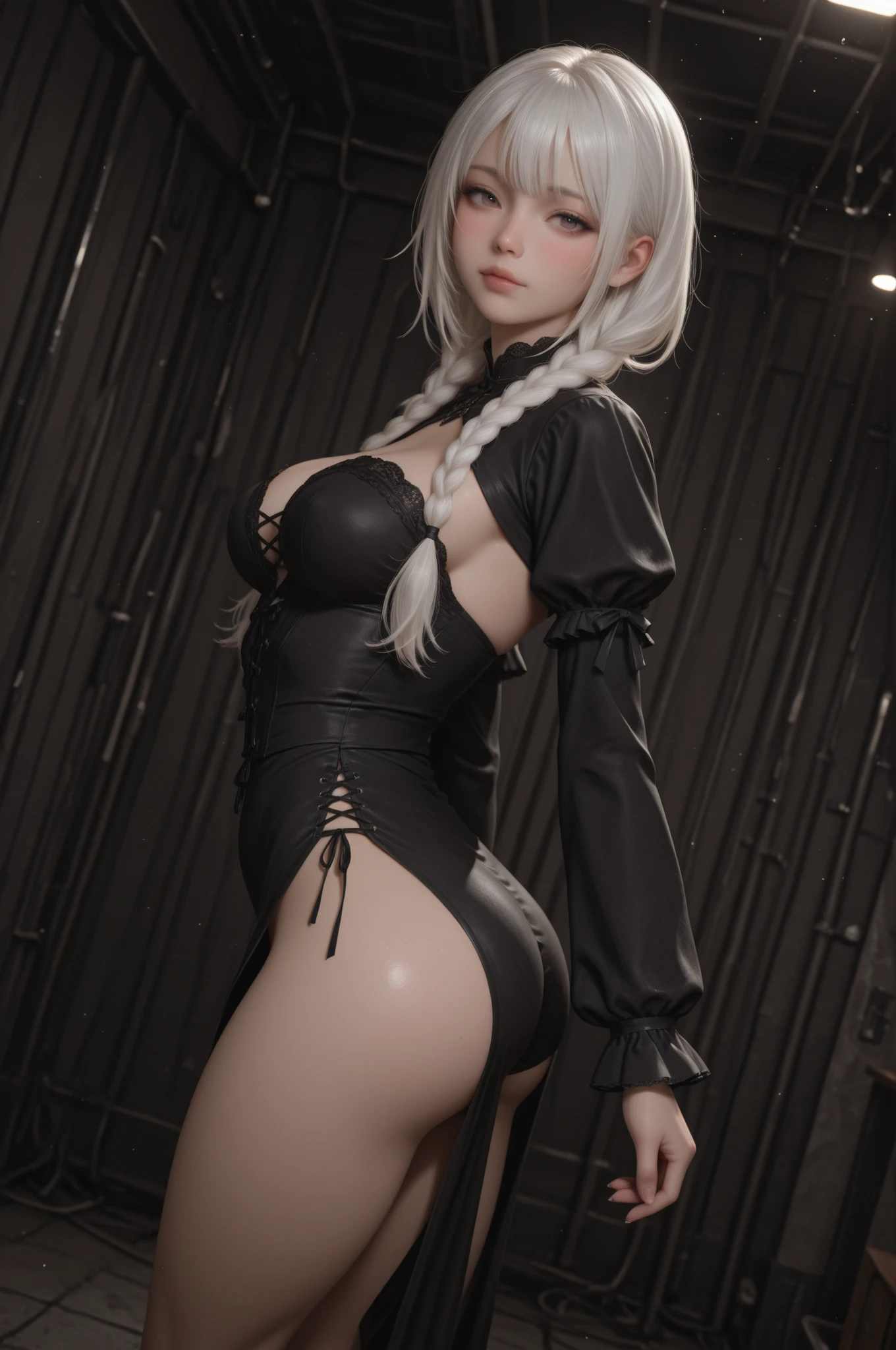 realisitic, high resolution, 1 girl, wavy white hair, swedish, heterochromic eyes, arrogant attitude, small spots under the eyes, Bold Goth Rock Outfit, breasts big, thicc thighs, masterpiece visible panties, 真实感 (photoshot:1.3),