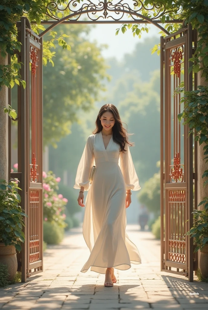 A beautiful Korean woman in her 40s wearing a white dress walking down the street on a beautiful day