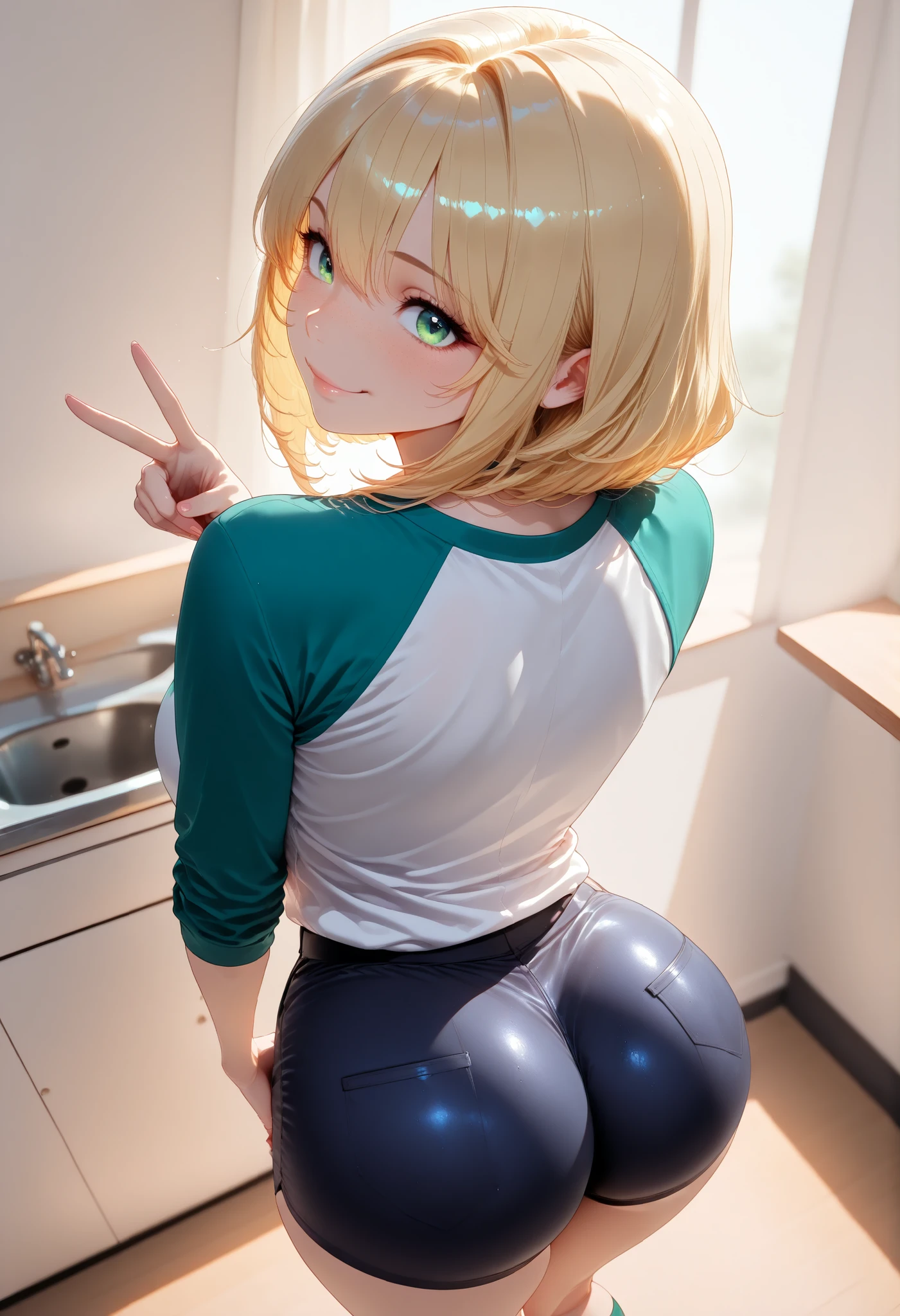 ((amazing quality,very aesthetic,absurdres,best quality,newest, masterpiece, ultra detailed, best quality, beautiful face, perfect anatomy, anatomically correct, athletic sexy body, Expressiveh, )), ((cute face, cute body))), ((happy girl, proud to show her body)),Expressiveh, 5 fingers, perfect hands, perfect feet)), Expressiveh, score_9 , score_8_up , score_8 , (top quality , 8k wallpaper) , (masterpiece , best quality:1 . 2) ((source_anime, anime)), ((((Jackie Lynn Thomas,1girl,solo,short hair,blonde hair,shirt,long sleeves,green eyes,white shirt,shorts,medium hair,kneehighs,freckles,blue tight shorts,raglan sleeves, high wasted thong))))), (((looking at viewer, happy smile, joy, cowboy shot)))), curvy, toned, athletic, seductive, sexy pose, indoors,hourglass figure, ((pinup pose, seductive pose,dynamic pose), (((narrow waist, curvy, score_9, score_8_up, score_7_up, score_6_up, back view, looking at the viewer,, BREAK ((from above, perspective), correct), detailed background , High Quality Clothing