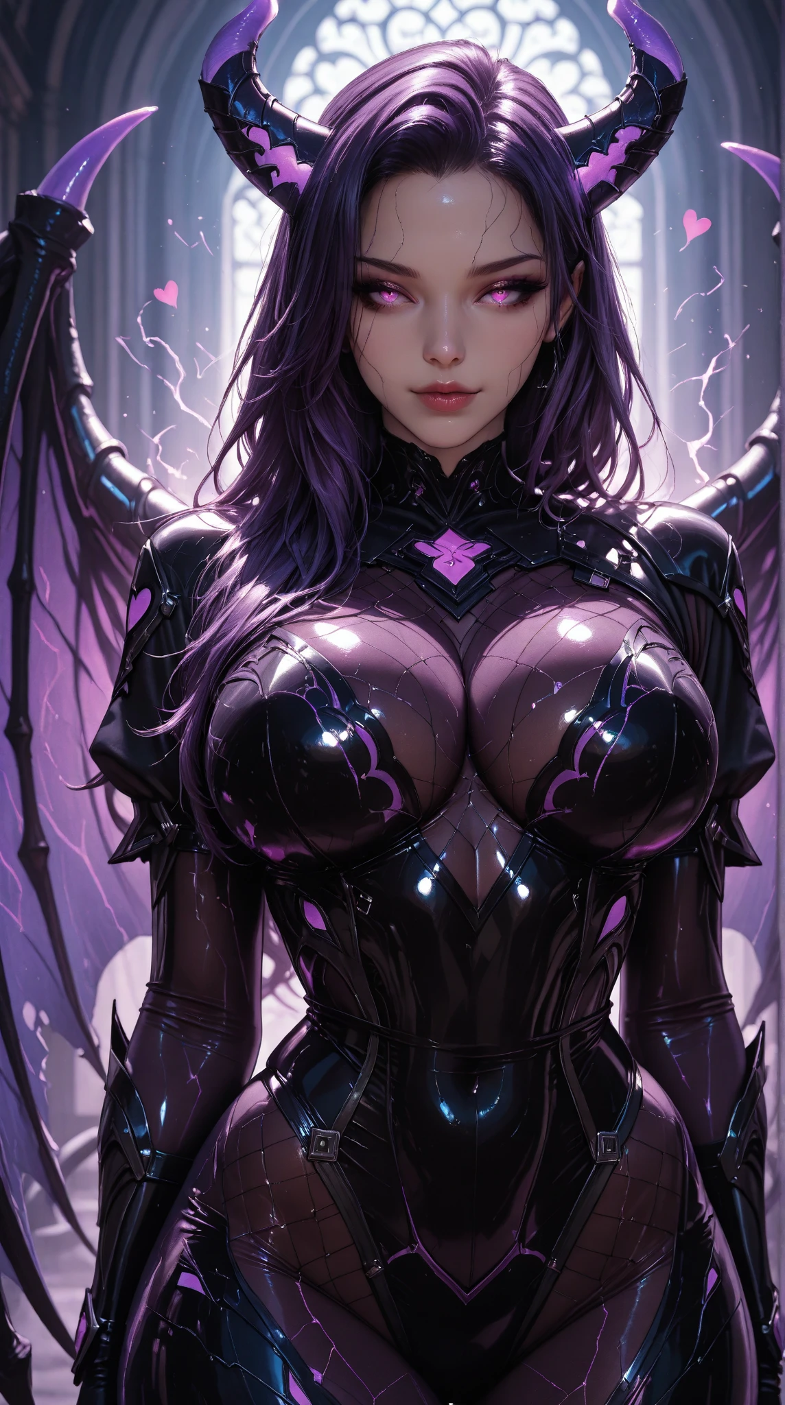 realistic, simple, color-blocked, dark, muted background, powerful demon lord, dark dress, sheer sleeves, high-pointed collar, reclining, dragon-like form, dimly lit lair, black_hair, glowing, otherworldly, hypnotic light, dragon scales, wings, passionate demon girl, devil horns, glowing eyes, iris, demonic slit pupil