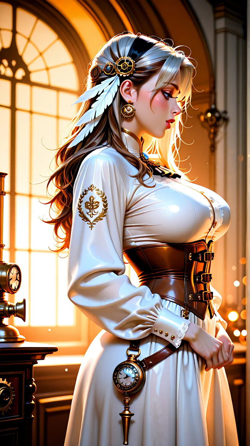 Photo of (( )), wearing elegant dress steampunk items, Contemporary Paris , Complex, elegant, very detailed, digital painting, art station, concept art, Smooth, sharp focus, that.8ation, art germ、Greg Rutkowski、Art by Alphonse Mucha、cowgirl、super huge breasts、Super big breasts、very big 、saggy breasts、Slightly thicker