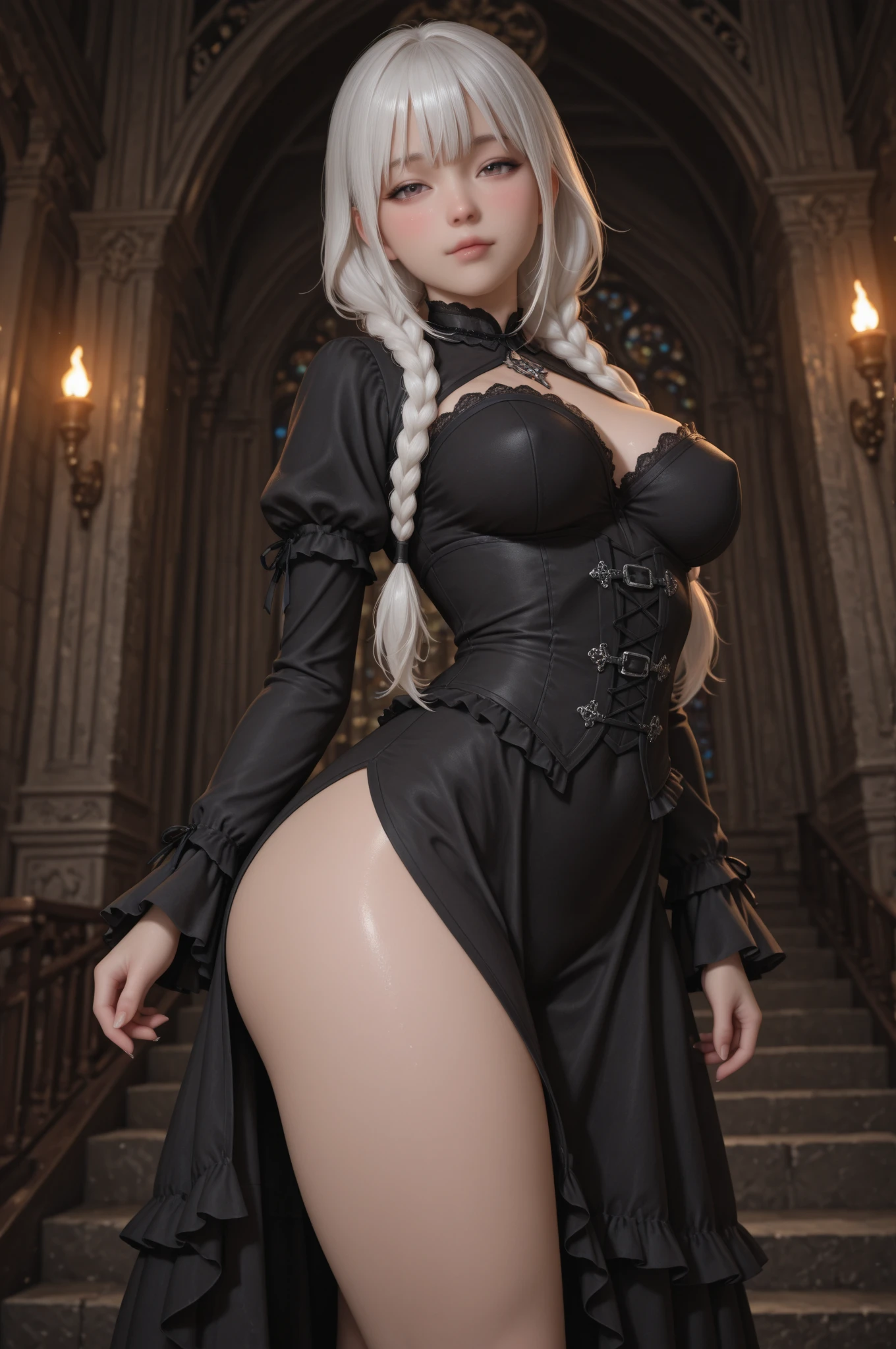 (Stunning girl), best quality, ultra high res, (photorealistic:1.4), revealing tight white church dress, black choker, (faded ash white hair:1), (gigantic breasts, large breasts, huge breasts:1.4), droopy breasts, thick thighs, wide hips, looking at viewer, close up, church