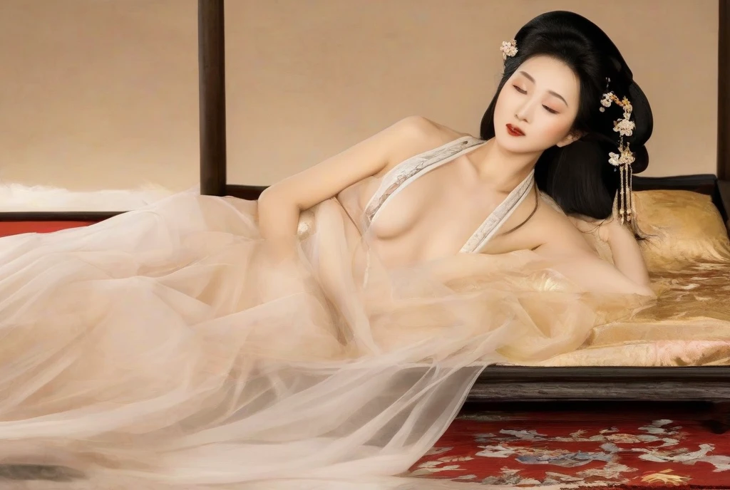 A naked woman seen from the front, bent over on the ground facing forward with her legs spread apart. A Chinese empress from the Qing Dynasty, wearing a crown and showing her belly, thighs and feet.。She is completely naked, showing off a large, flashy flower and a hairpin. Her hair is tied up and