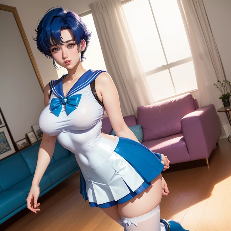 mix4, 20d, solo, short_hair, shirt, high_heels,full_body, look_at_viewer, (8k, RAW photography, top quality, masterpiece:1.2), (realistic, photorealistic:1.37), professional lighting, photon mapping, radiosity,physically based rendering、Gym suit(White T-shirt with lines on the cuffs)and wearing bloomers、Wearing dark blue bloomers、Dark blue bloomers that fit into your crotch、High leg、Simple bloomers、lewd smile、japanese woman、mature woman、super big breasts、nipple erection、high socks、sneakers、sexy pose、Whipped body、untidy body shape、Anime character costume