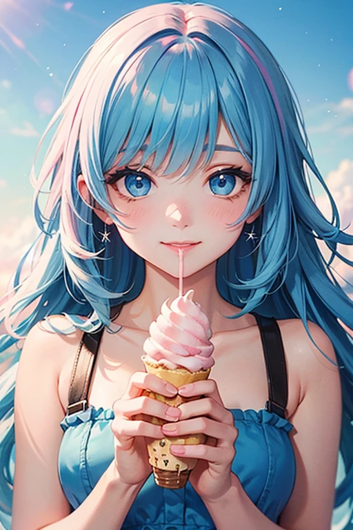 masterpiece, best quality, extremely detailed, (illustration, official art:1.1), 1 girl ,(((( light blue long hair)))), ,(((( light blue long hair)))),light blue hair, , long hair ((blush)) , cute face, big eyes, masterpiece, best quality,(((((a very delicate and beautiful girl))))),Amazing,beautiful detailed eyes,blunt bangs((((little delicate girl)))),tareme(true beautiful:1.2), sense of depth,dynamic angle,,,, affectionate smile, (true beautiful:1.2),,(tiny 1girl model:1.2),)(flat chest),A very beautiful light blue long hair girl is eating a giant soft serve in front cafe. 1girl, solo, (white tube-top), off shoulders, portrait, looking atsoft serve cream cone, ((giant mint soft cream, and chocolate soft cream mixed)), food, open mouth, (holding soft serve cone), brown cone, long hair, swaying bangs, mint eyes, beautiful round eyes, long eyelashes, perfect her fingers, pale skin,