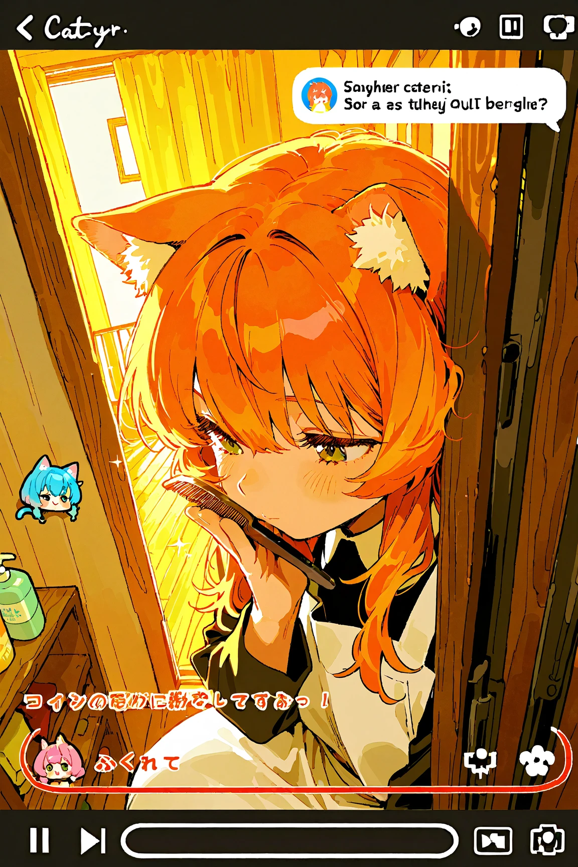 “Create an image of two adorable cats taking a selfie together. The first cat is orange with long fur, while the second cat is brown with stripes. Both cats are holding pieces of fried chicken with their paws, and there is a plate of fried chicken on the table in front of them. The setting is indoors, with a cozy and well-lit room in the background.”