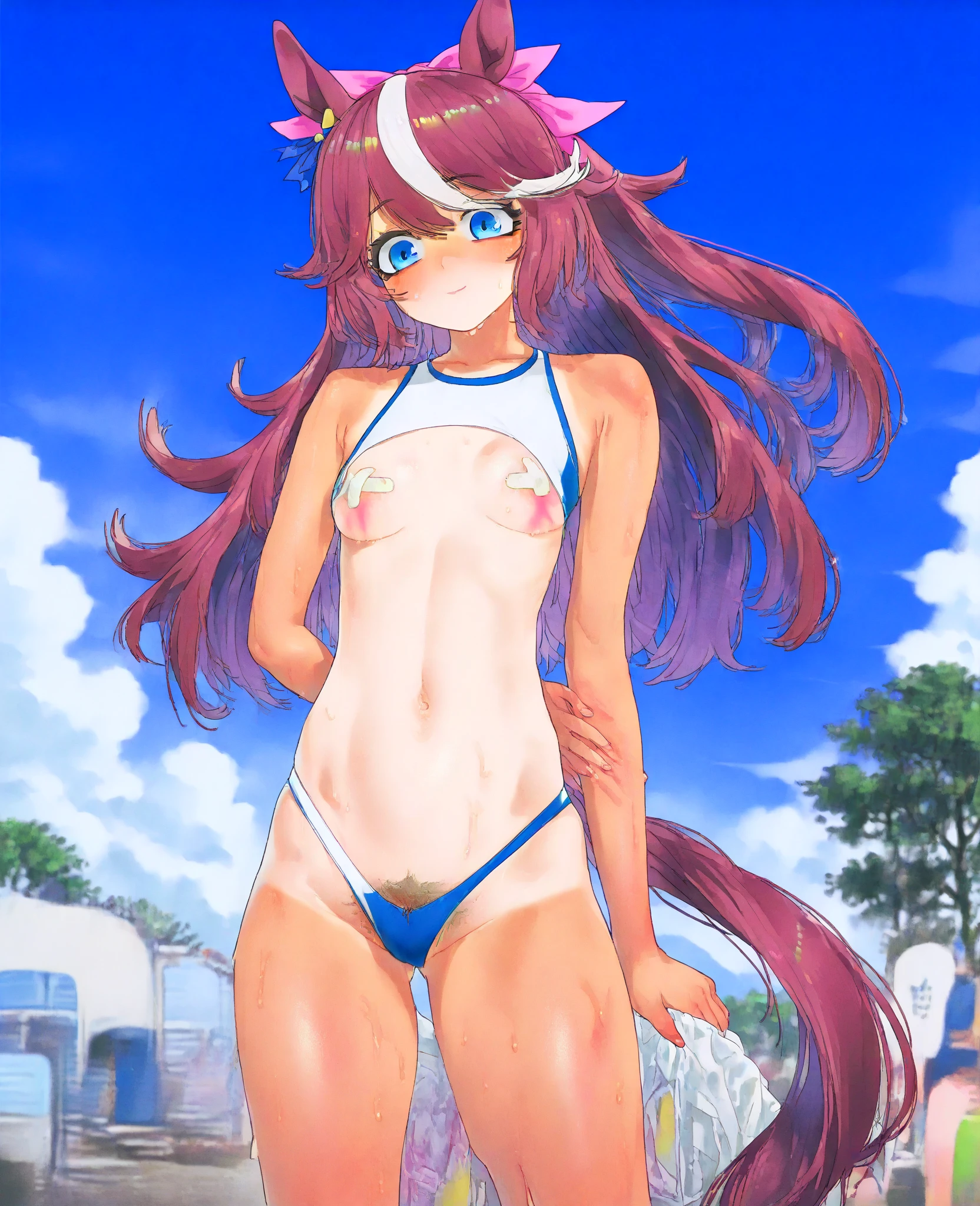 furry girl, cat, red hair, knight bangs hairstyle, long ponytail, anime style, medium breasts, blue eyes, ((bright pink bikini Bandeau with bow in the center, side bows at the bottom, Sunglasses and wide-brimmed hat)), high quality, detailed body, detailed eyes, detailed face, masterpiece, glistening body, detailed body fur, best quality, two tone body, pink fur, clear pink fur, perfect lighting, perfect shadows, perfect eyes, perfect hair, perfect face, gorgeous body, skinny, standing, :3, beach, clear sky,