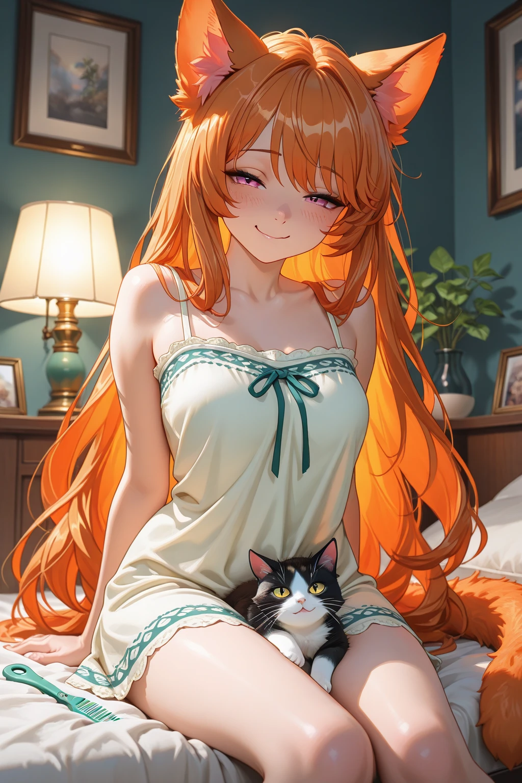 Dark Brown skin tanuki girl, brown skin green eyes, orange long hair, orange hair, 25 years old, chubby, big butt, big breast, sitting seductively on bed, girl, girl, she has a , girl with a penisinstead of vagina, lady , futa, futanari, on camera, shown to camera, facing camera, explicit, sweater dress, holding , grinning, cleavage showing, wearing sandals, open toed heels, holding cellphone