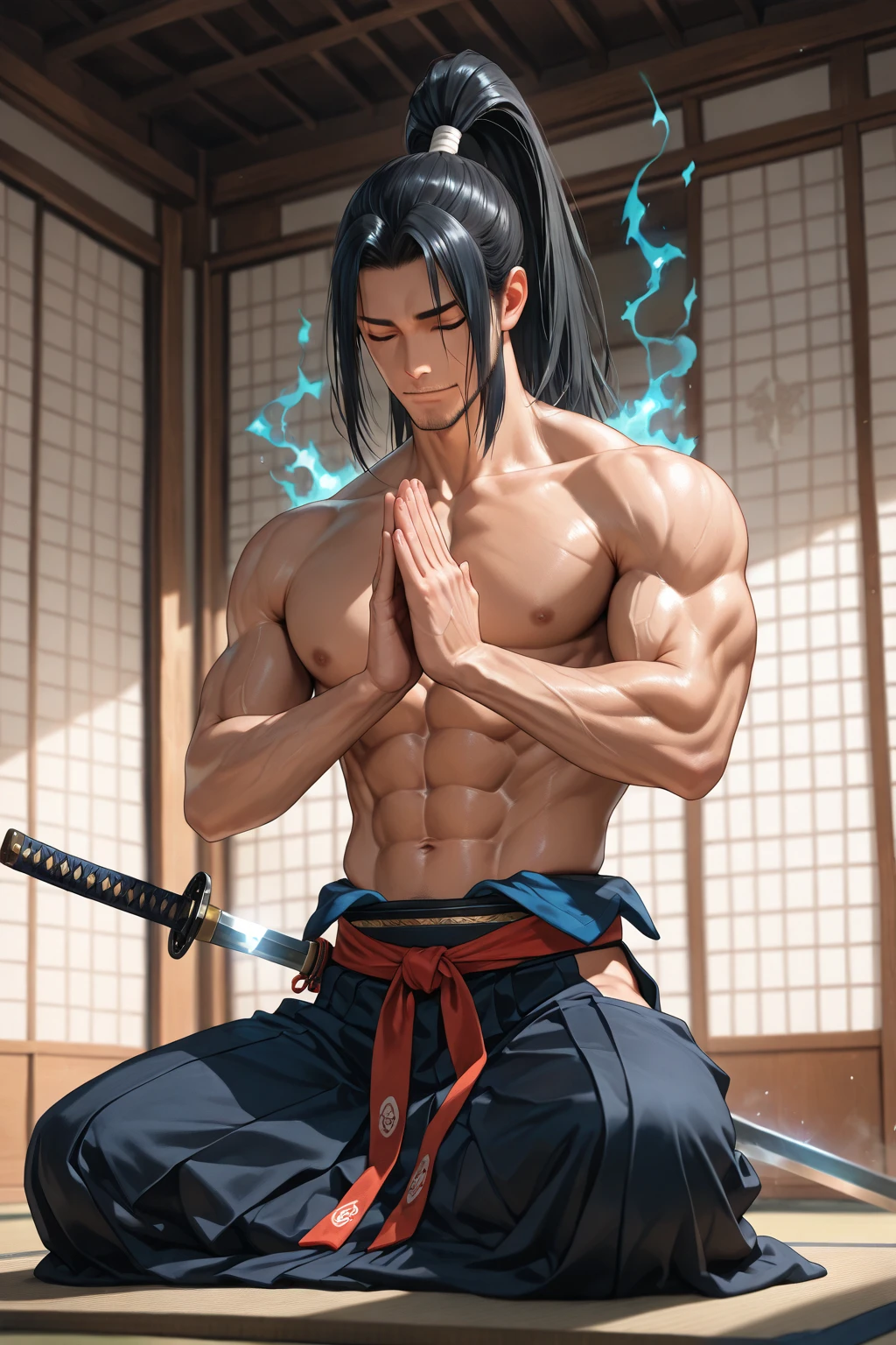 Realistic,Hot muscular Male concubine in the Han dynasty on his knees with legs spread apart, wearing ancient revealing Chinese dress with long hair and masculine features.Battle scars
