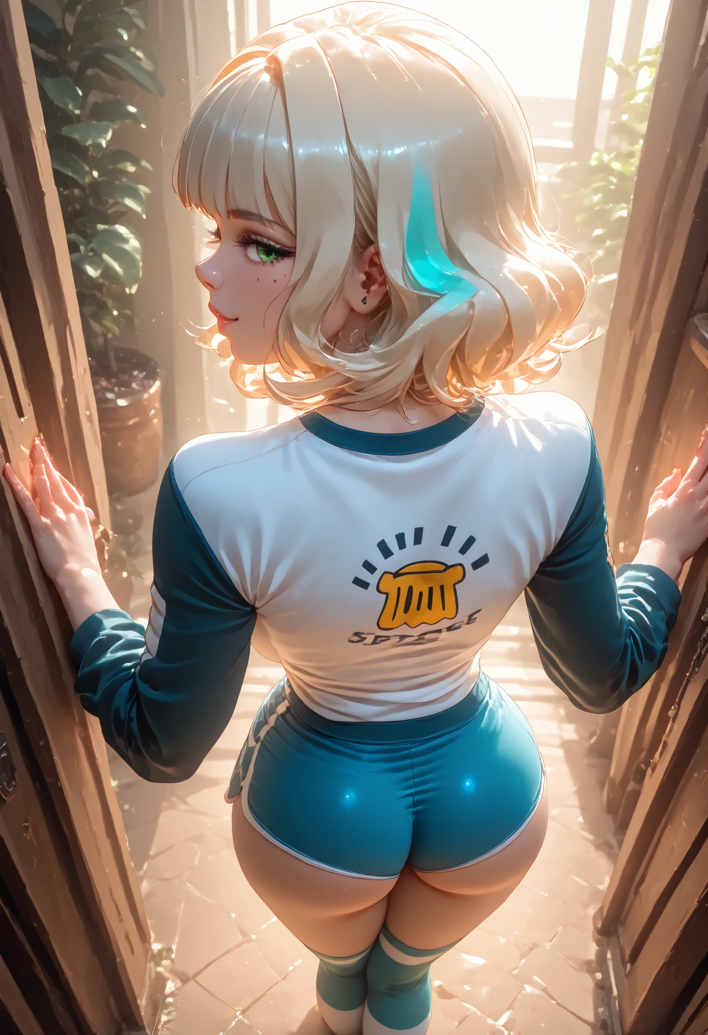 ((amazing quality,very aesthetic,absurdres,best quality,newest, masterpiece, ultra detailed, best quality, beautiful face, perfect anatomy, anatomically correct, athletic sexy body, Expressiveh, )), ((cute face, cute body))), ((happy girl, proud to show her body)),Expressiveh, 5 fingers, perfect hands, perfect feet)), Expressiveh, score_9 , score_8_up , score_8 , (top quality , 8k wallpaper) , (masterpiece , best quality:1 . 2) ((source_anime, anime)), ((((Jackie Lynn Thomas,1girl,solo,short hair,blonde hair,shirt,long sleeves,green eyes,white shirt,shorts,medium hair,kneehighs,freckles,blue tight shorts,raglan sleeves, high wasted thong))))), (((looking at viewer, happy smile, joy, cowboy shot)))), curvy, toned, athletic, seductive, sexy pose, indoors,hourglass figure, ((pinup pose, seductive pose,dynamic pose), (((narrow waist, curvy, score_9, score_8_up, score_7_up, score_6_up, back view, looking at the viewer,, BREAK ((from above, perspective), correct), detailed background , High Quality Clothing