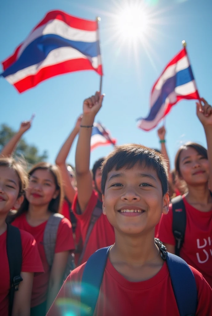 A child stands on a football field with his left hand holding the Thai flag.