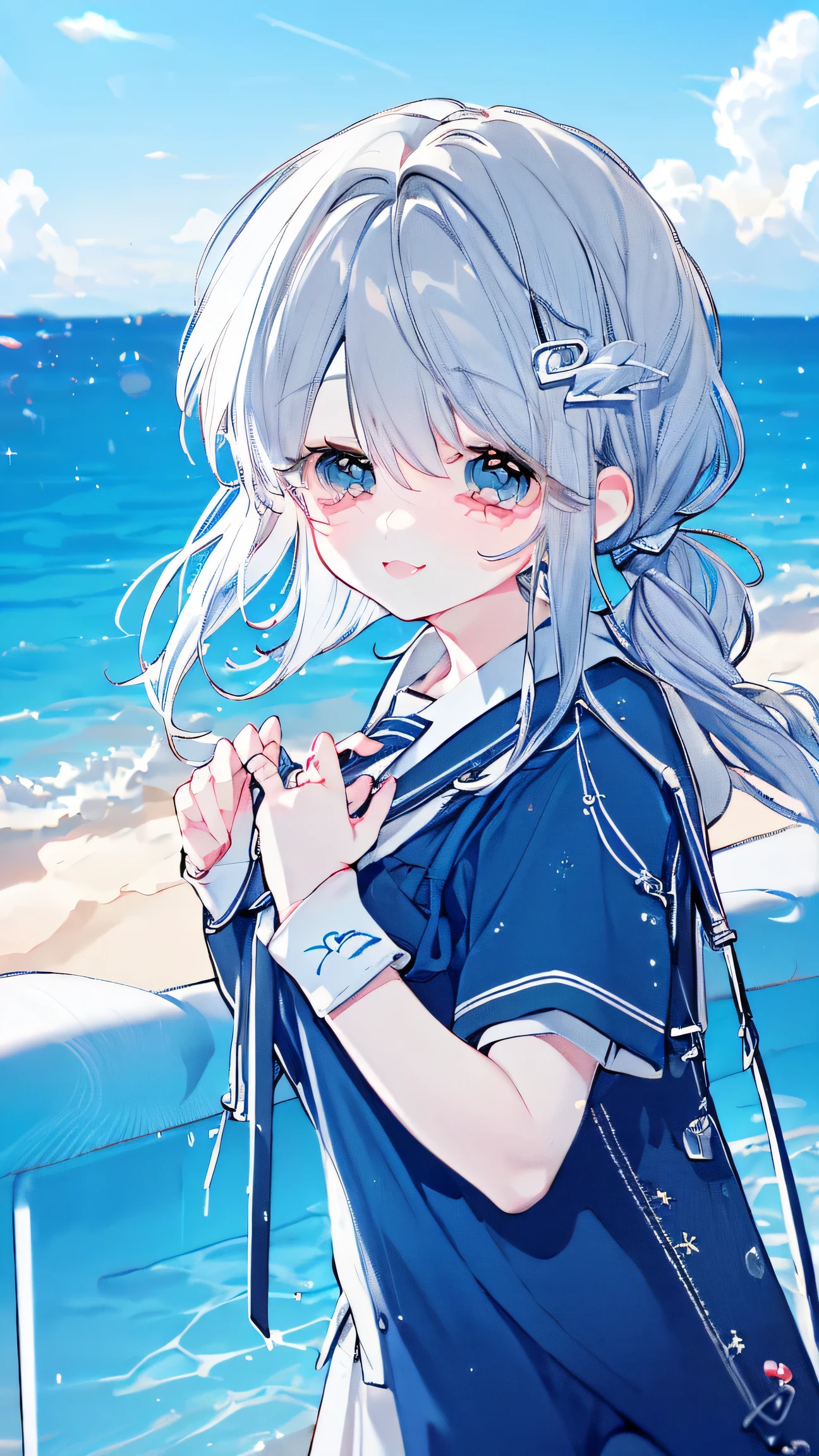 best quality, hyper detailed, highres, beach, ocean, sky, a girl, , necromancer, XXX-shaped, excited, shy, grinning, sitting on the floor, cross-legged, looking at viewer, side view, jitome, pale skin, fair skin, shiny skin, detailed skin, detailed face, , slender, cardigan, undone clothing, pants, piercing, blush, in the ocean, on the beach, in the sky, in the morning, kawaii, beautiful, extreme closeup shot, from front, dynamic angle, golden ratio, dappled sunlight, bright colors